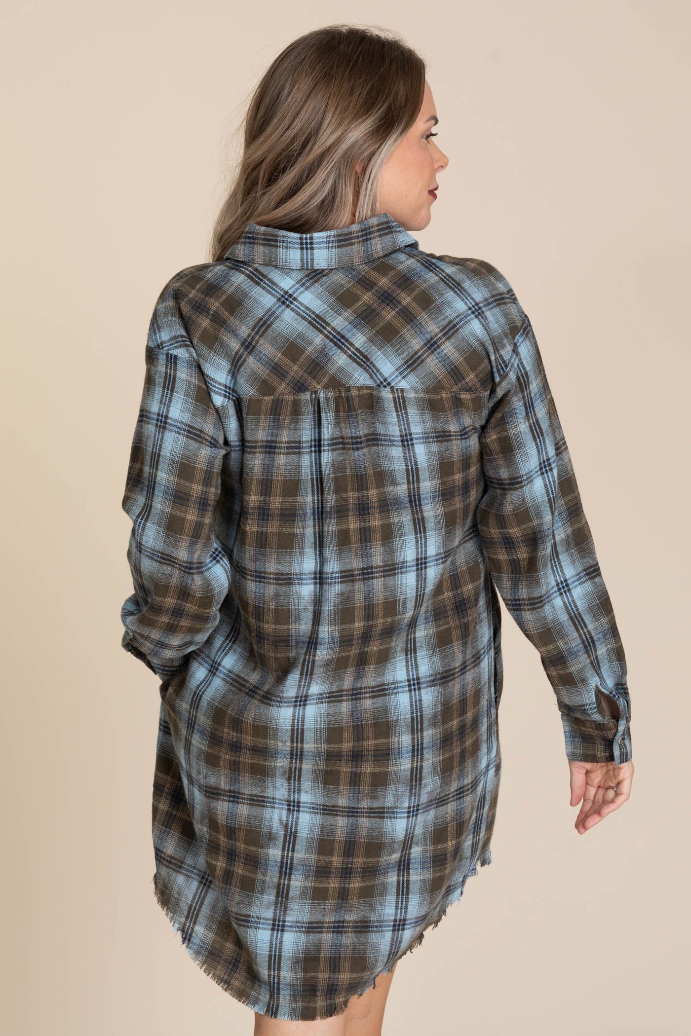 Brown Mineral Washed Plaid Shirt Dress
