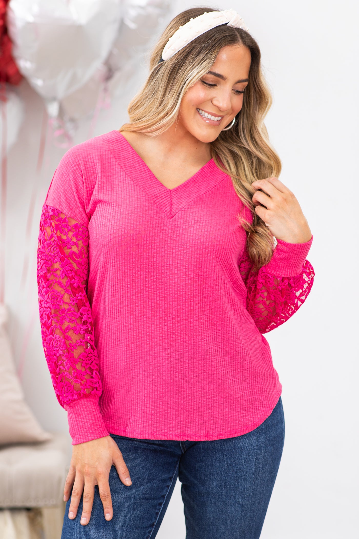 Fuchsia Rib Knit Top With Lace Sleeves