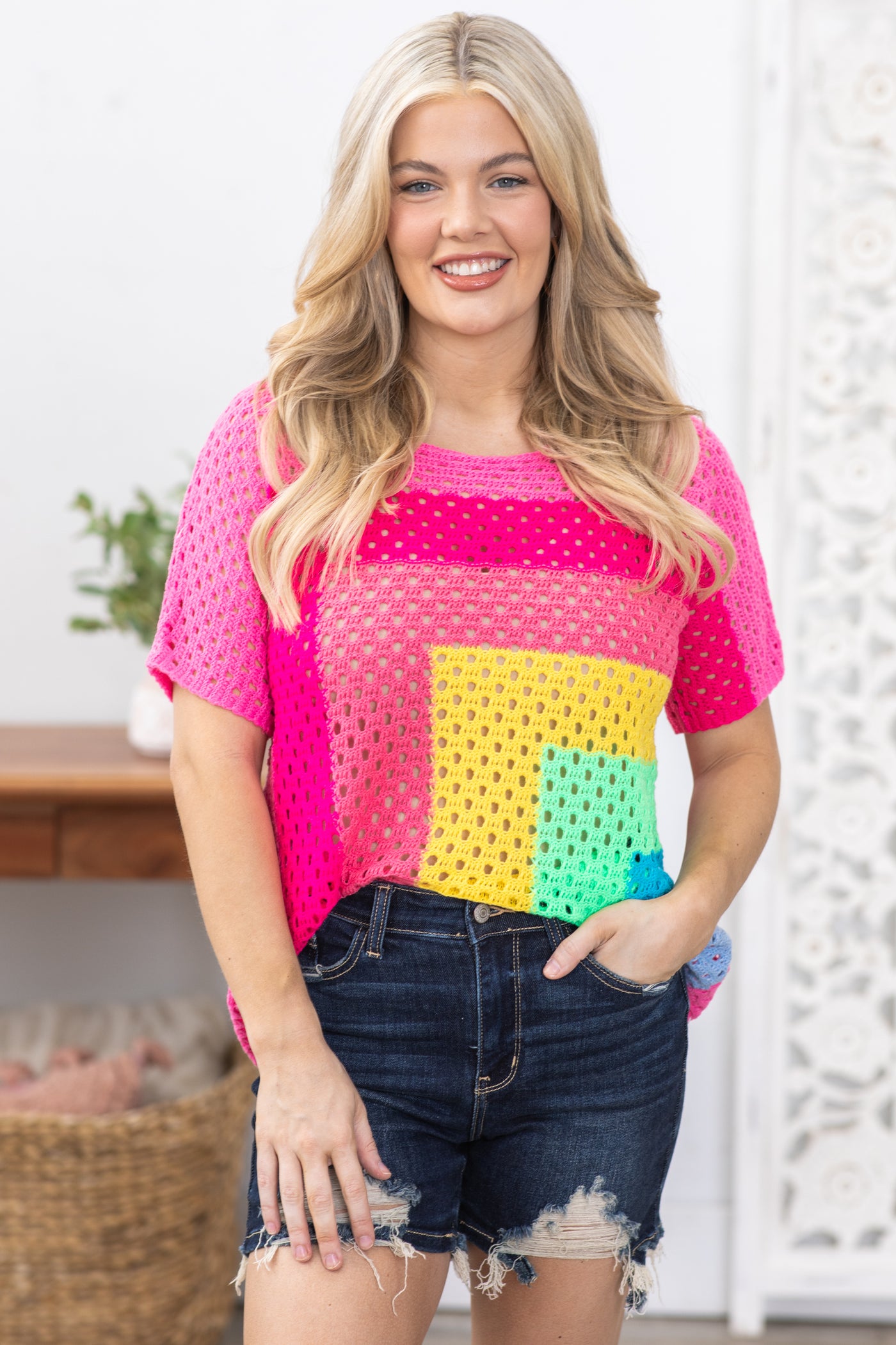 Pink Multicolor Colorblock Sweater Top