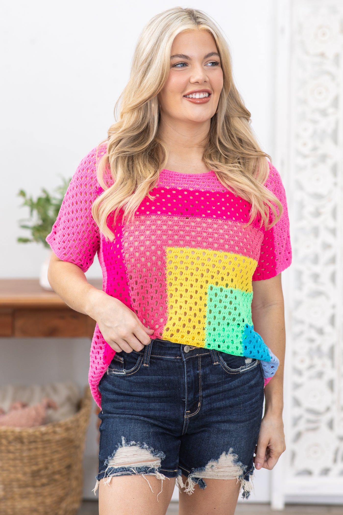Pink Multicolor Colorblock Sweater Top