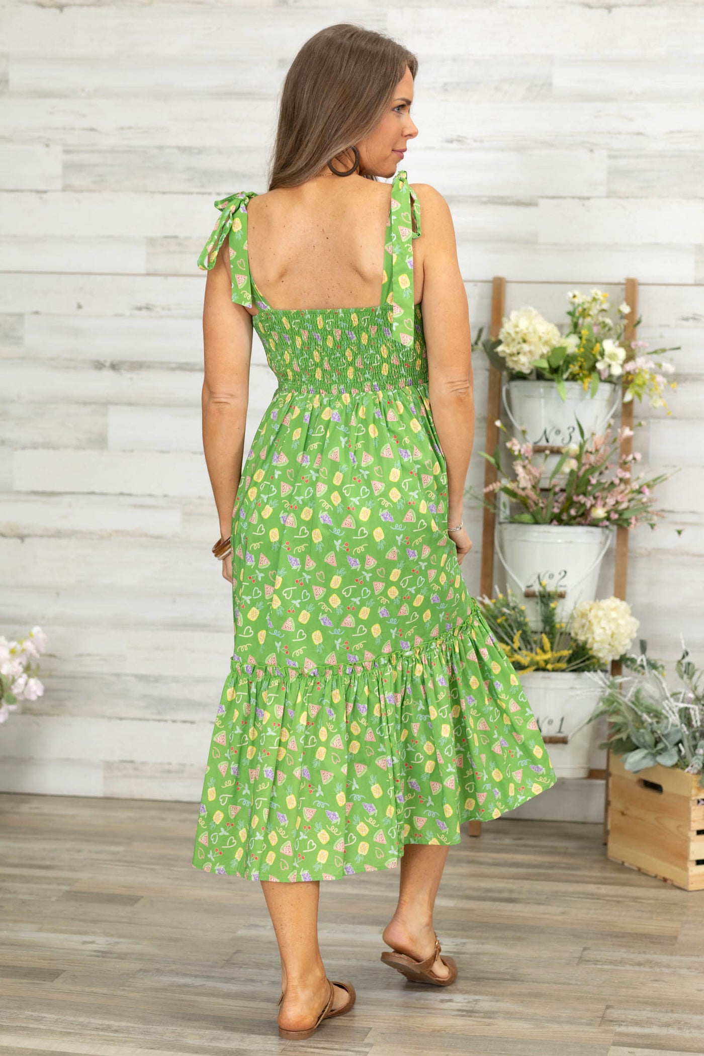 Green With Fruit Tiered Midi Sundress
