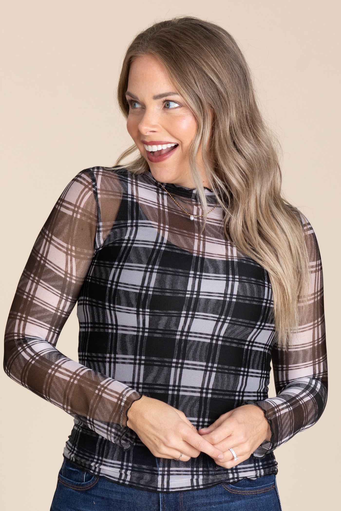 Plaid Print Mesh Long Sleeve Tops