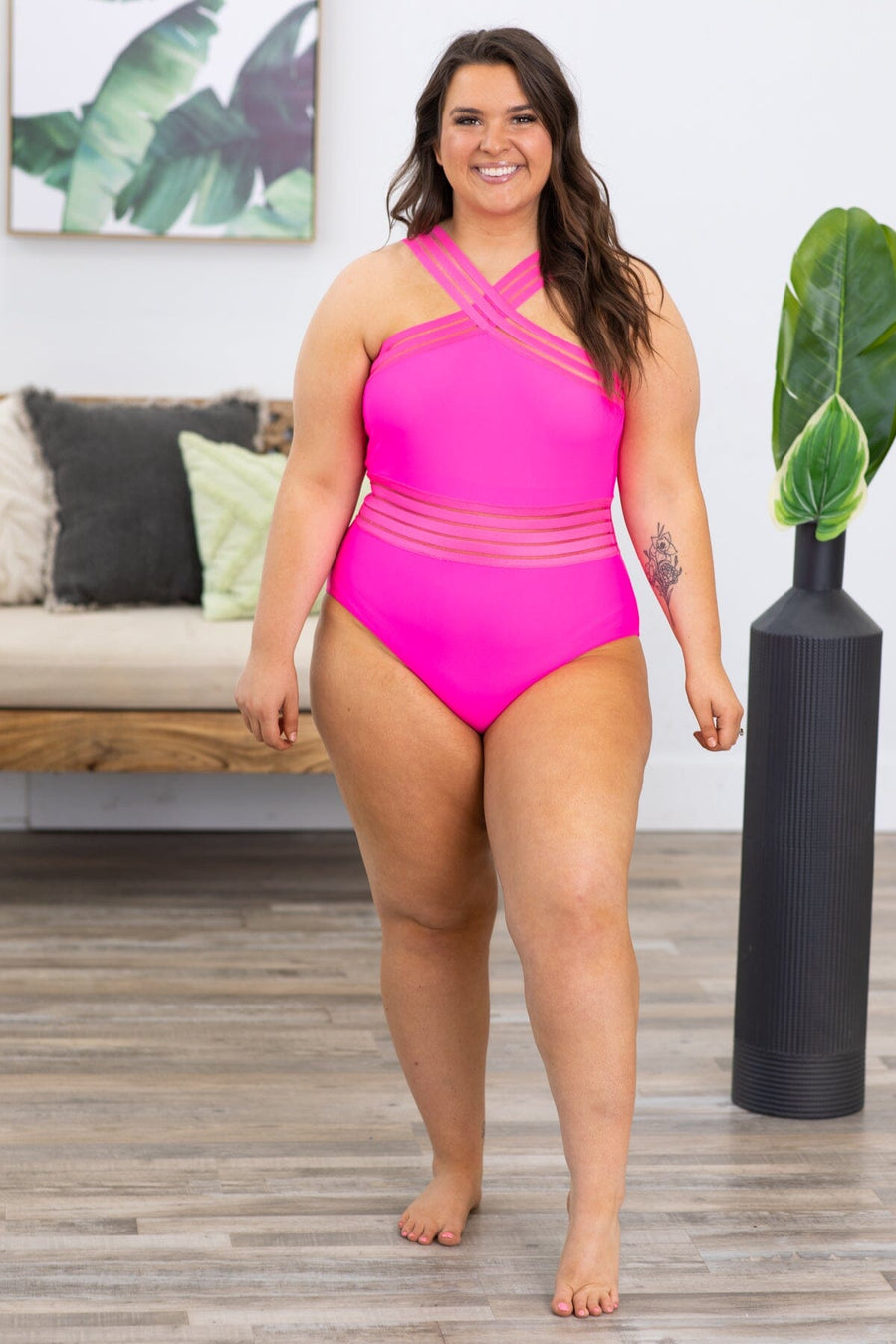Neon Pink Halter Neck One Piece Swimsuit - Filly Flair