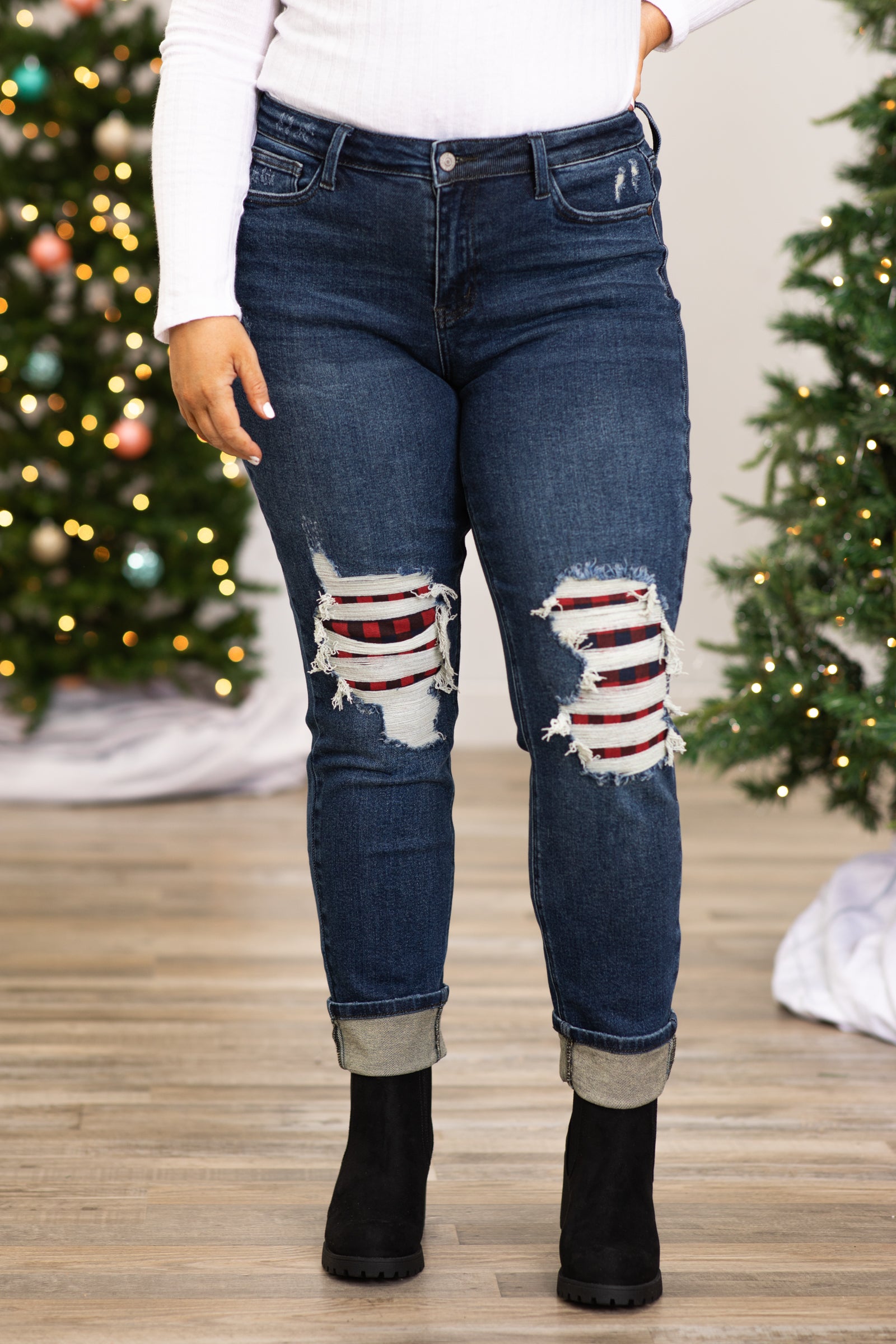 Judy Blue Distressed Jeans With Plaid Backing