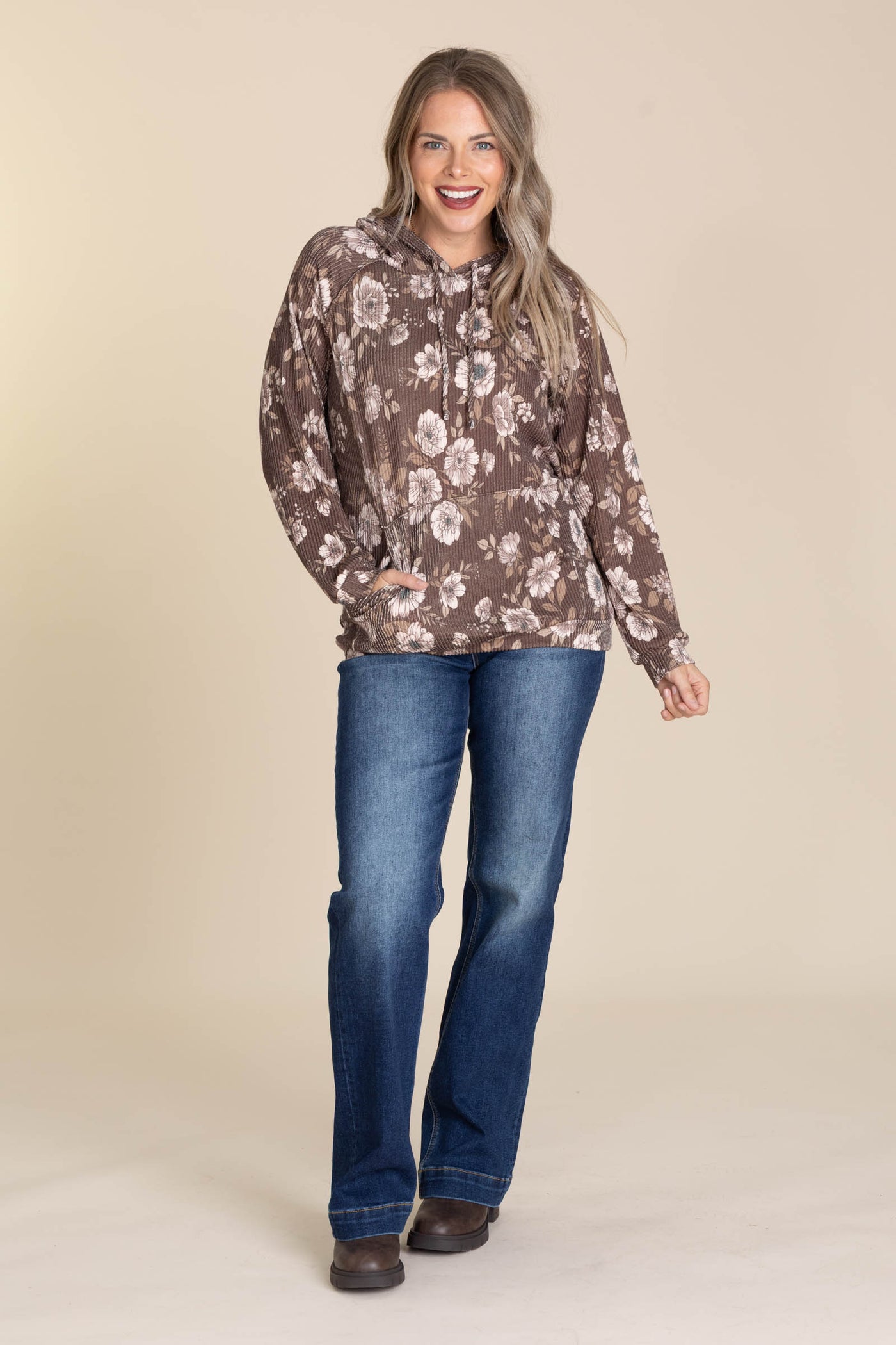 Mocha Floral Ribbed Knit Drawstring Hoodie