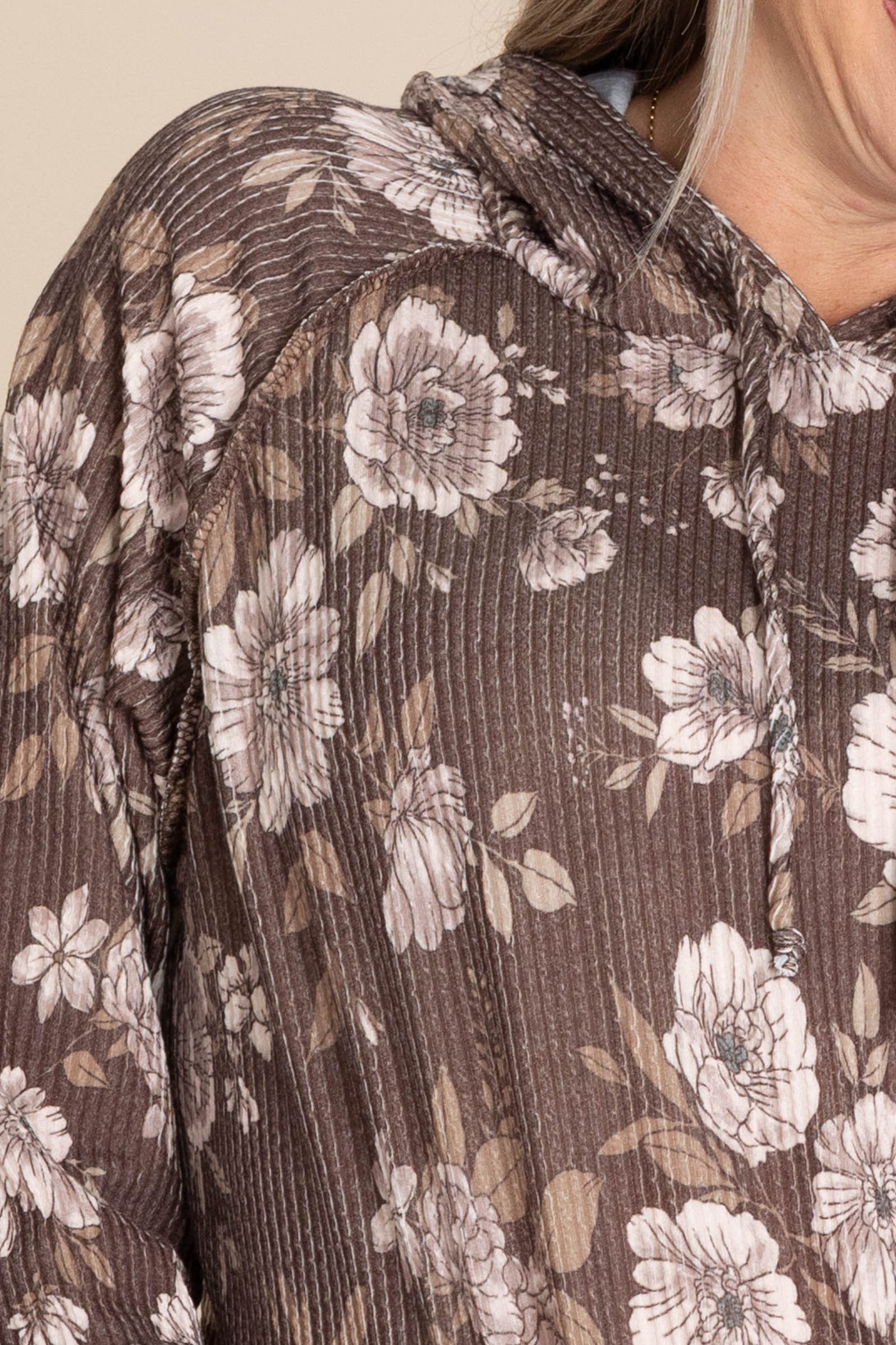 Mocha Floral Ribbed Knit Drawstring Hoodie