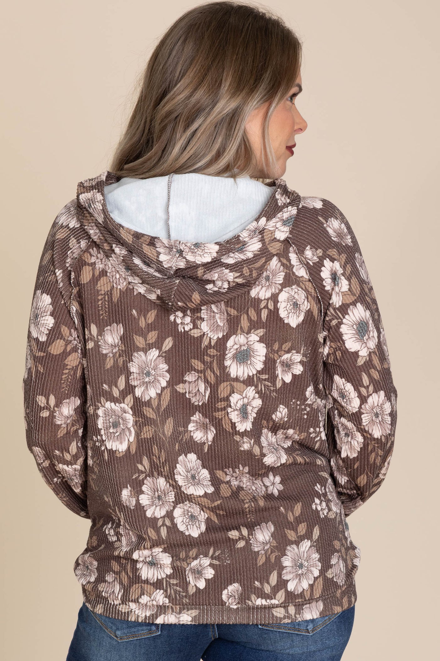Mocha Floral Ribbed Knit Drawstring Hoodie