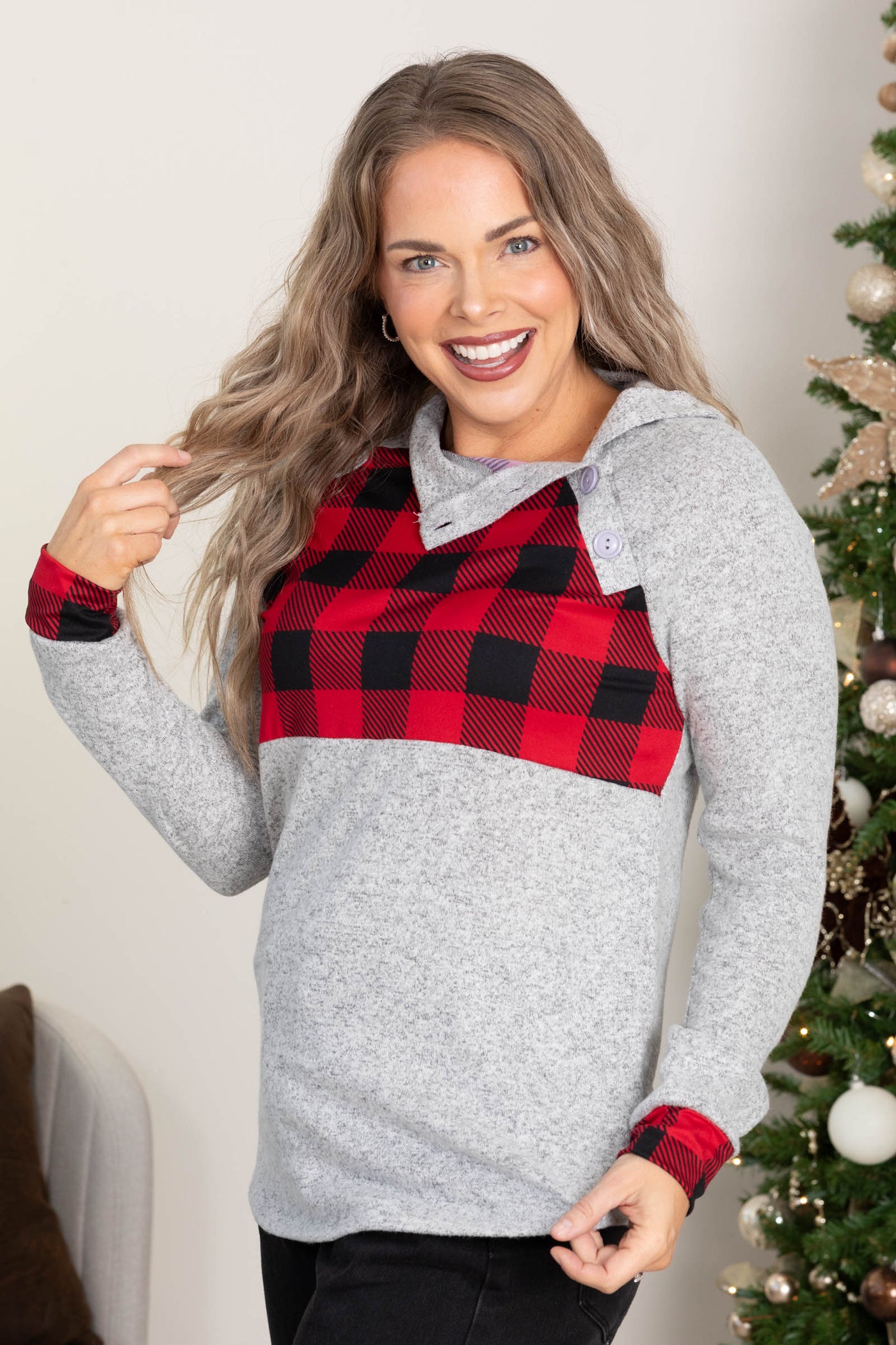 Grey Pullover With Plaid And Button Detail
