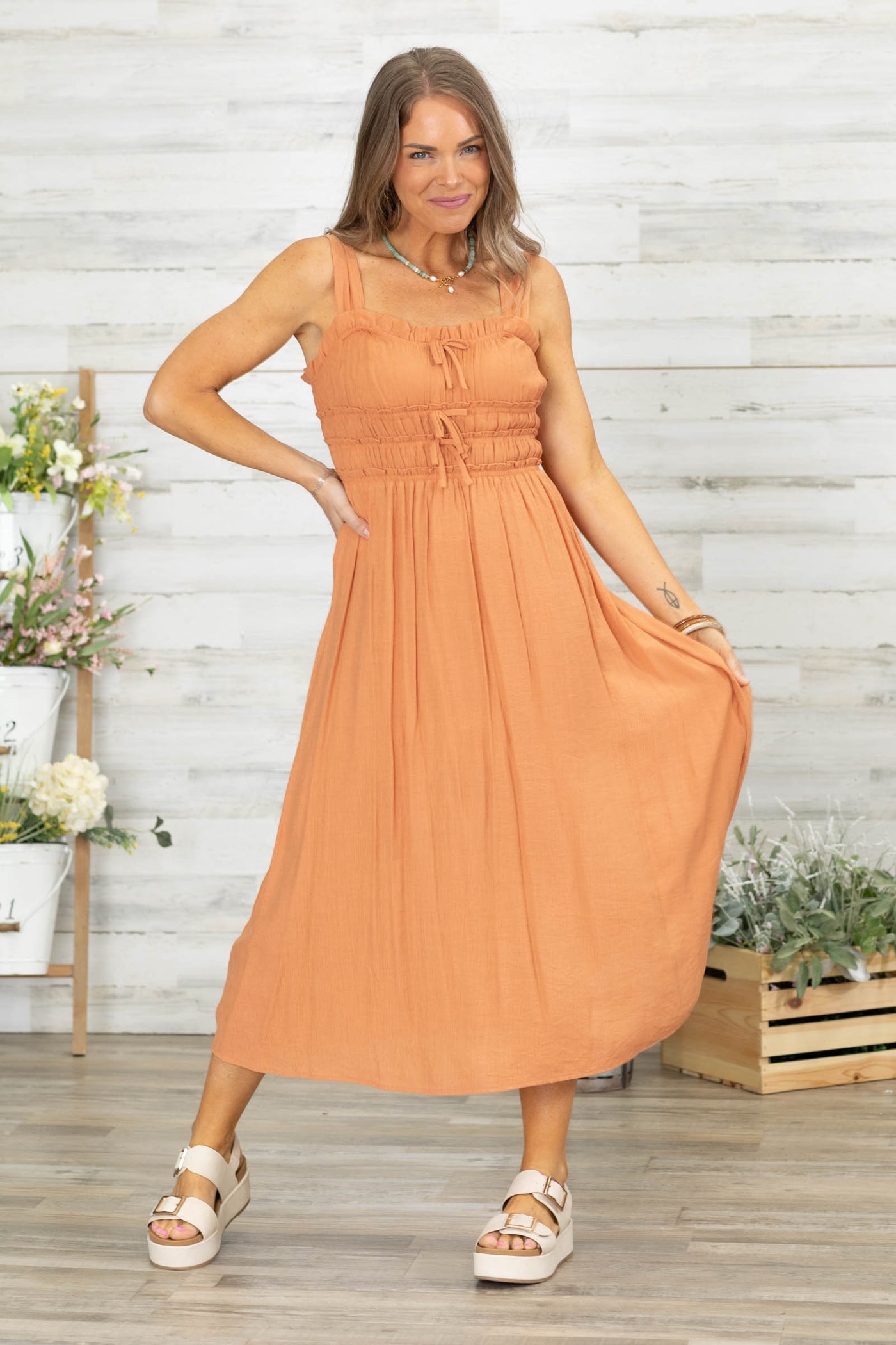 Orange Shirred Front Tie Detail Midi Dress