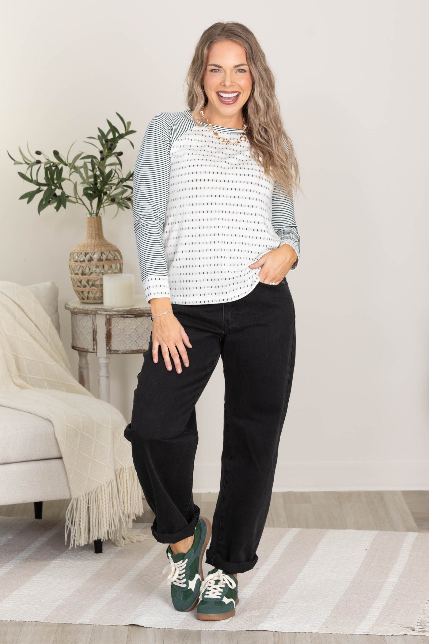 Ivory And Green Dotted Stripe Knit Top