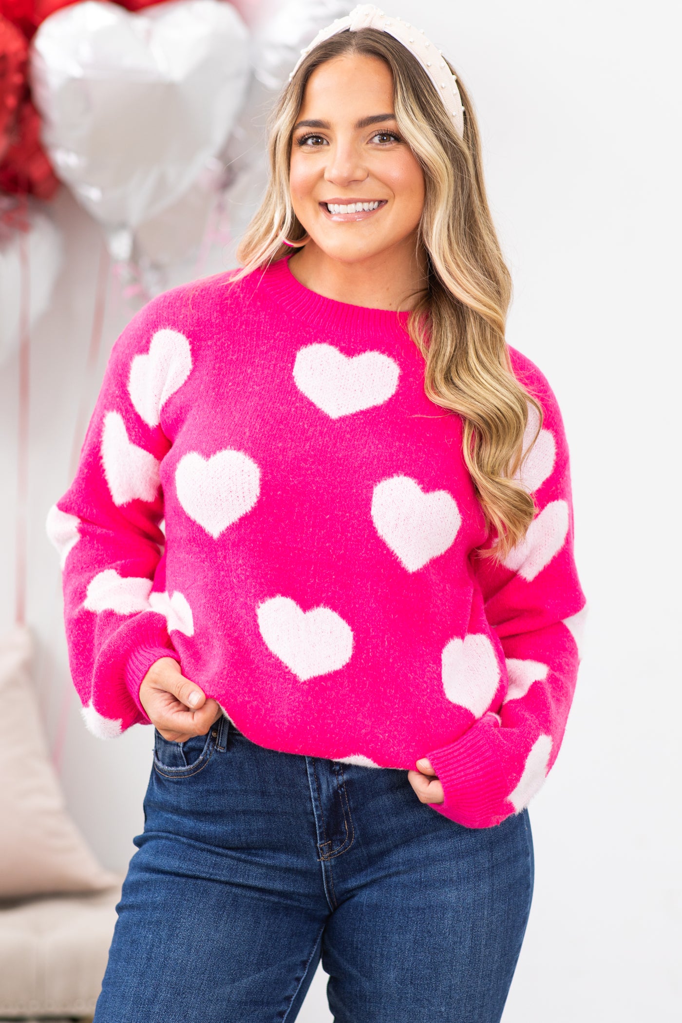 Hot Pink Heart Drop Shoulder Sweater
