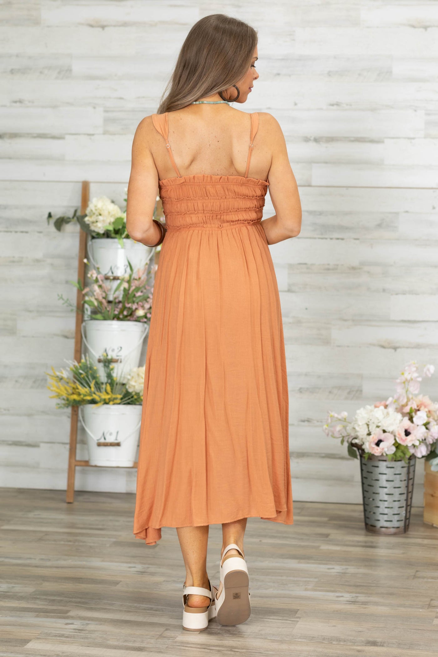 Orange Shirred Front Tie Detail Midi Dress