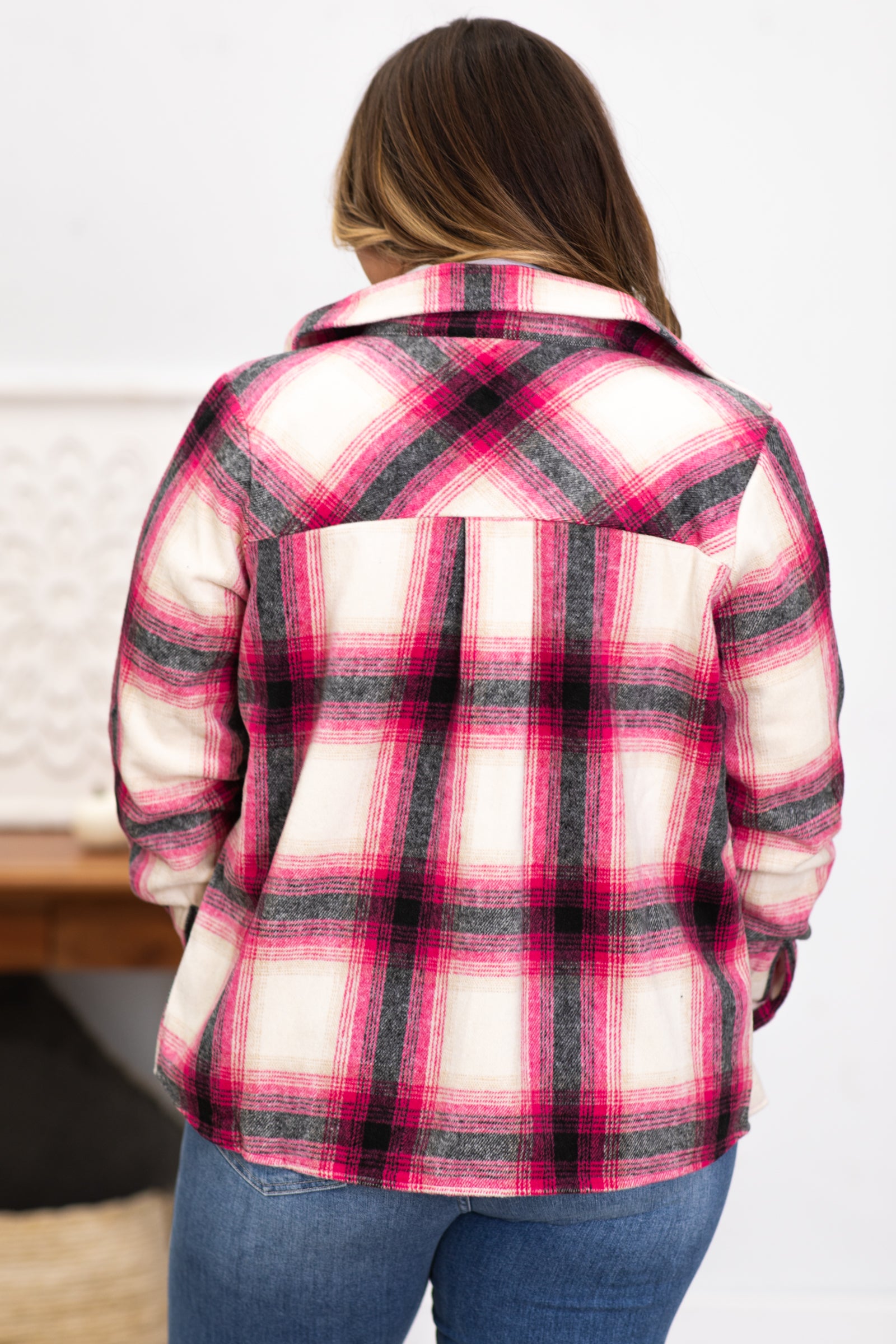 Hot Pink and Ivory Plaid Shacket