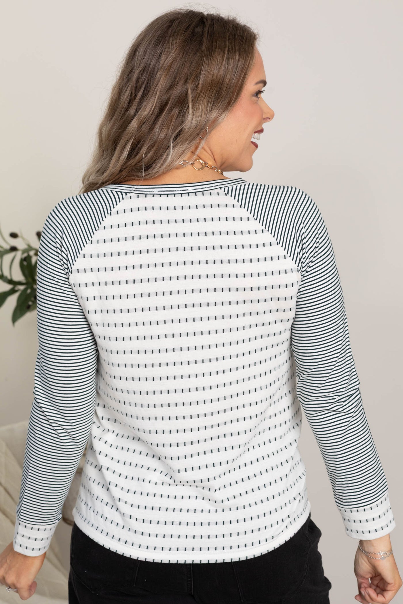 Ivory And Green Dotted Stripe Knit Top