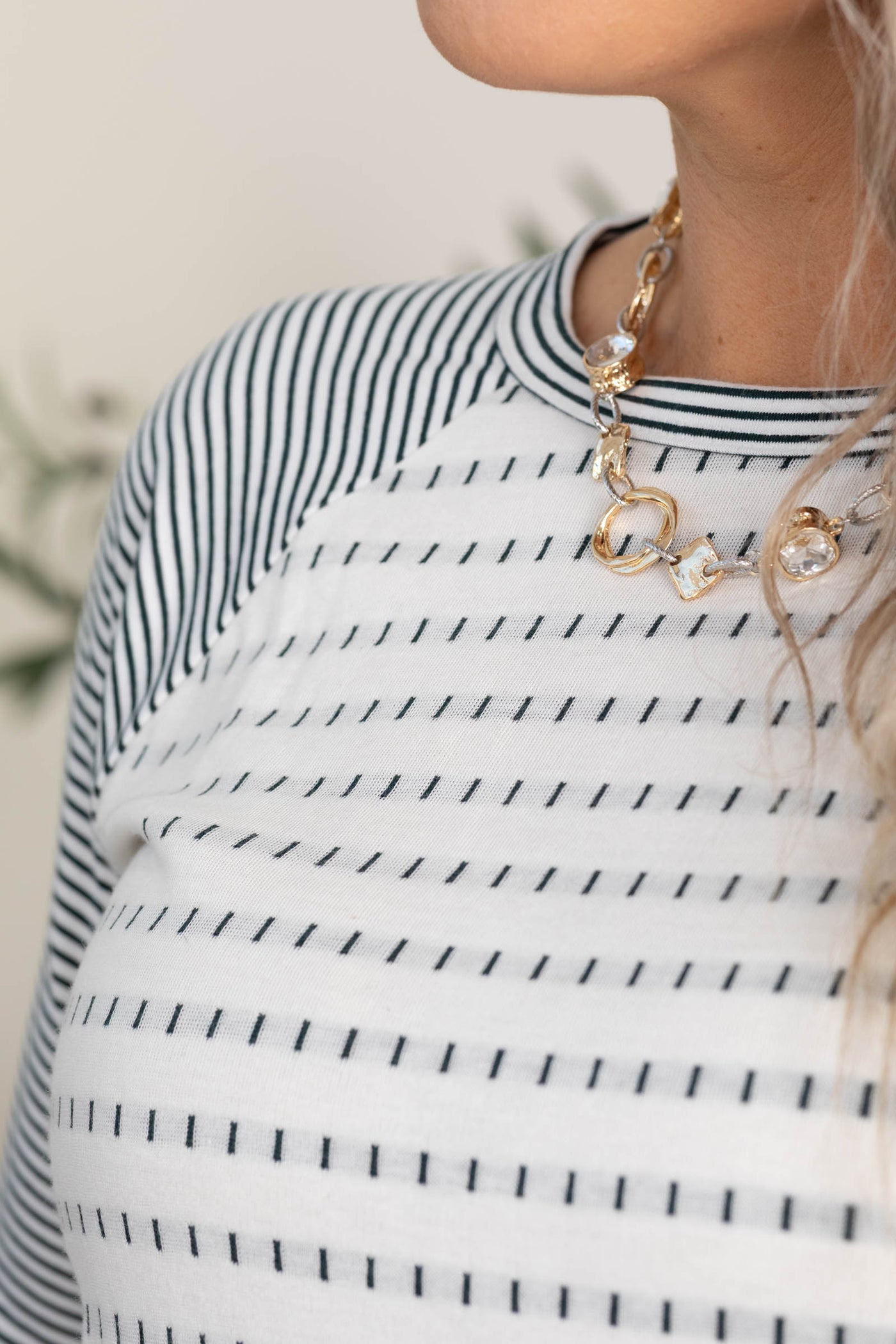 Ivory And Green Dotted Stripe Knit Top