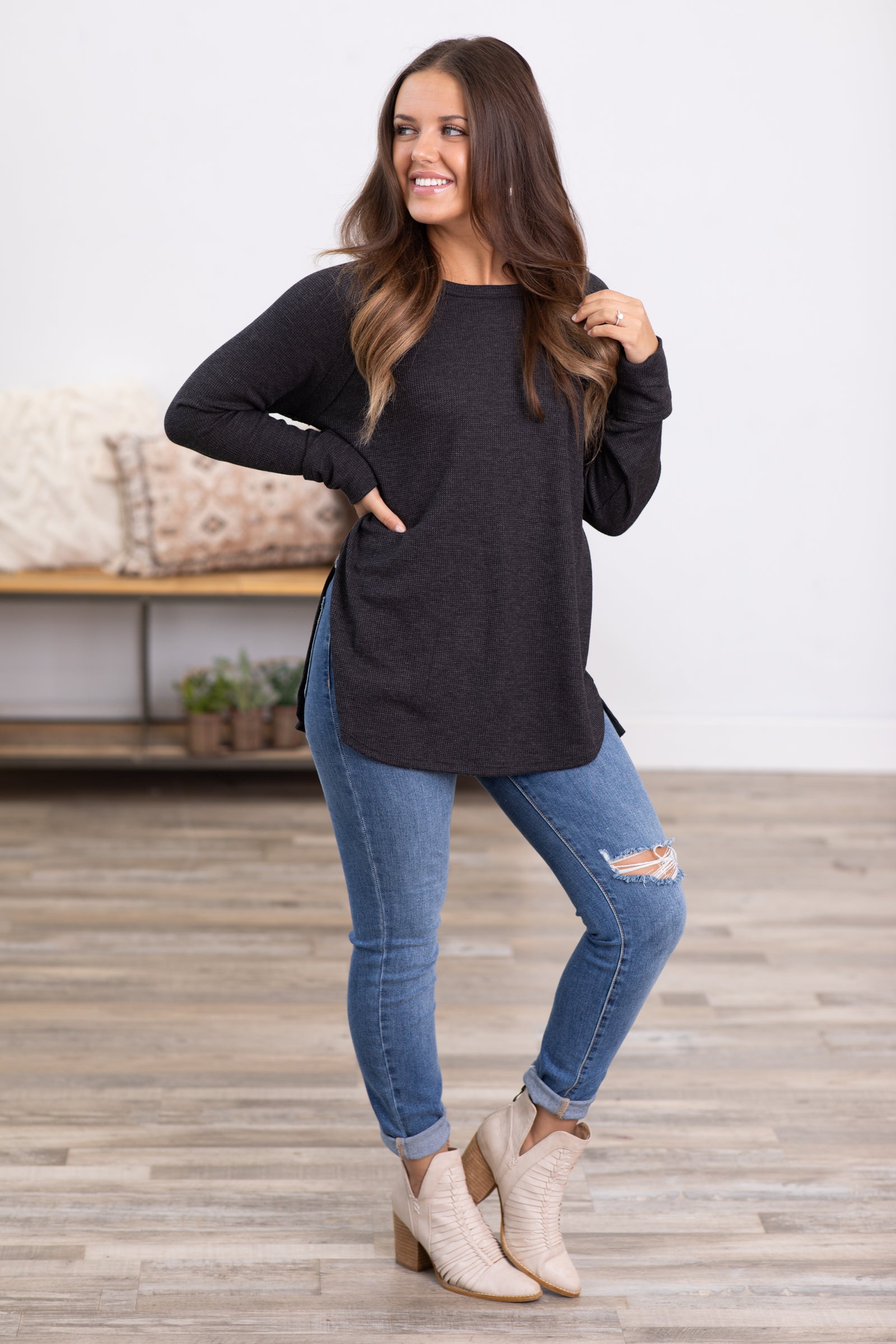 Black Baby Waffle Knit Top With Side Slit