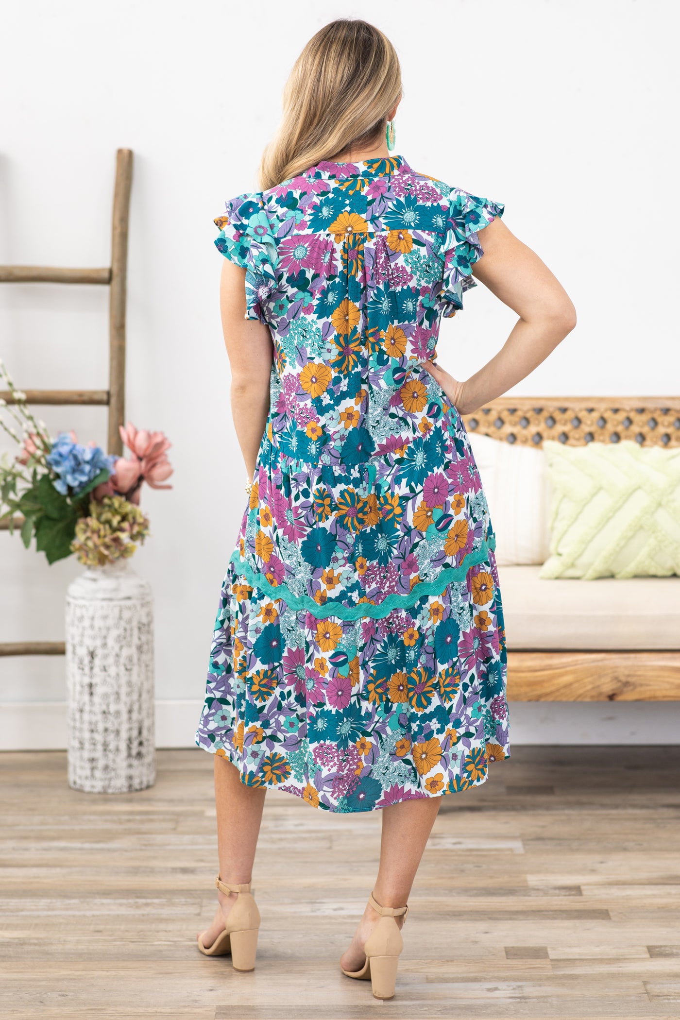 Teal Floral Print Rick Rack Trim Dress · Filly Flair