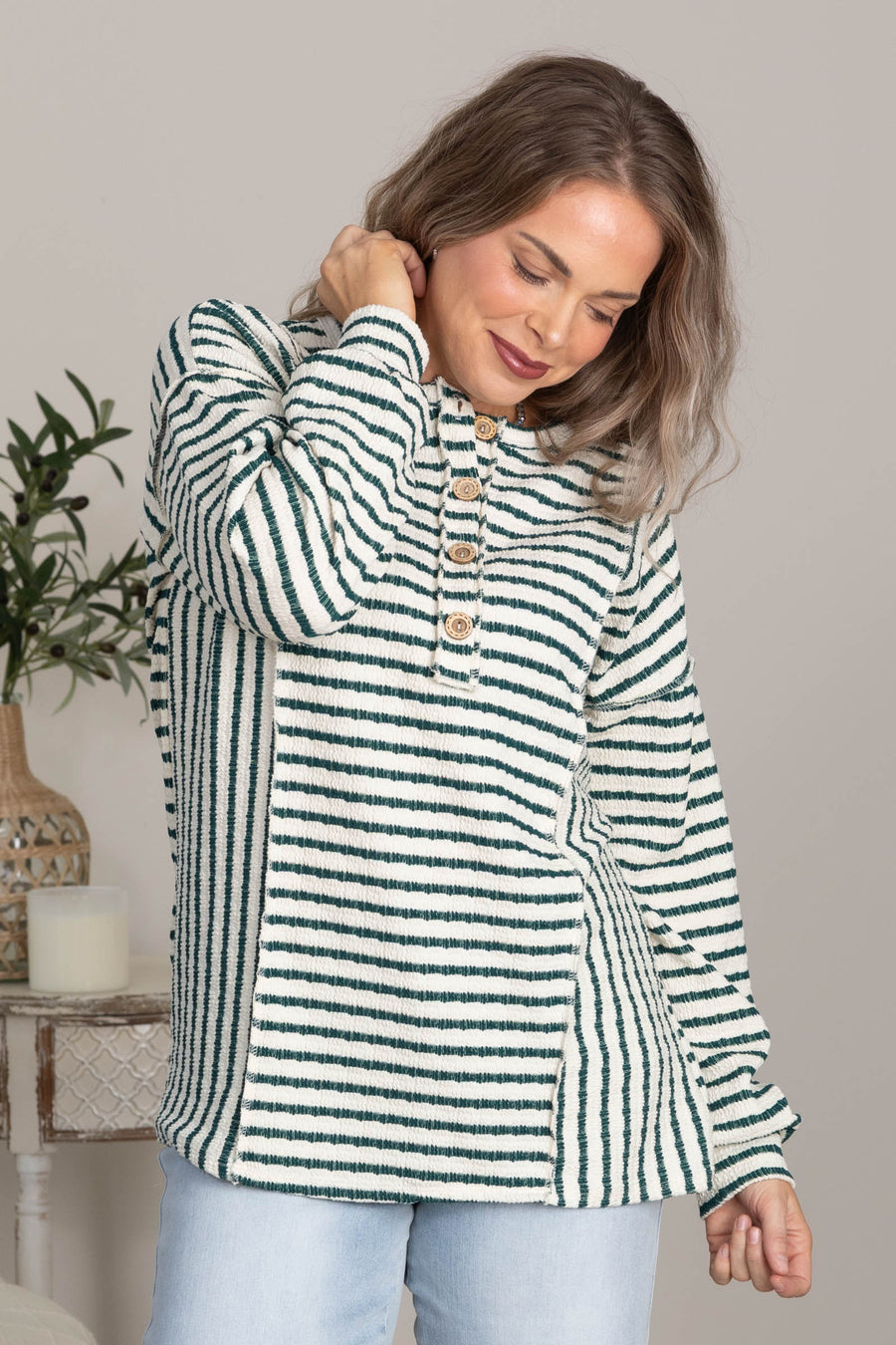 Cream And Green Button Front Stripe Knit Top