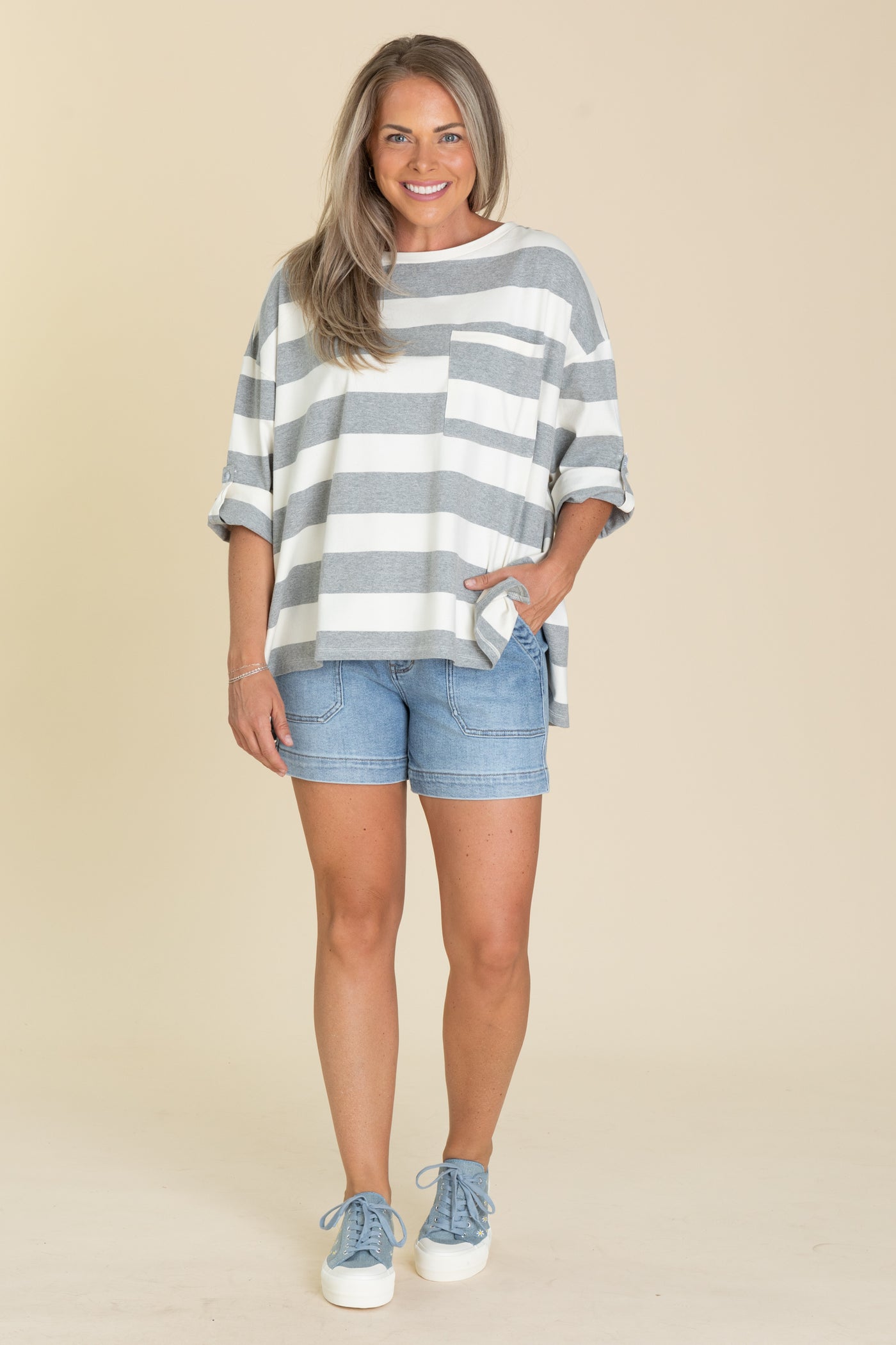 Heather Grey Stripe Front Pocket Knit Top