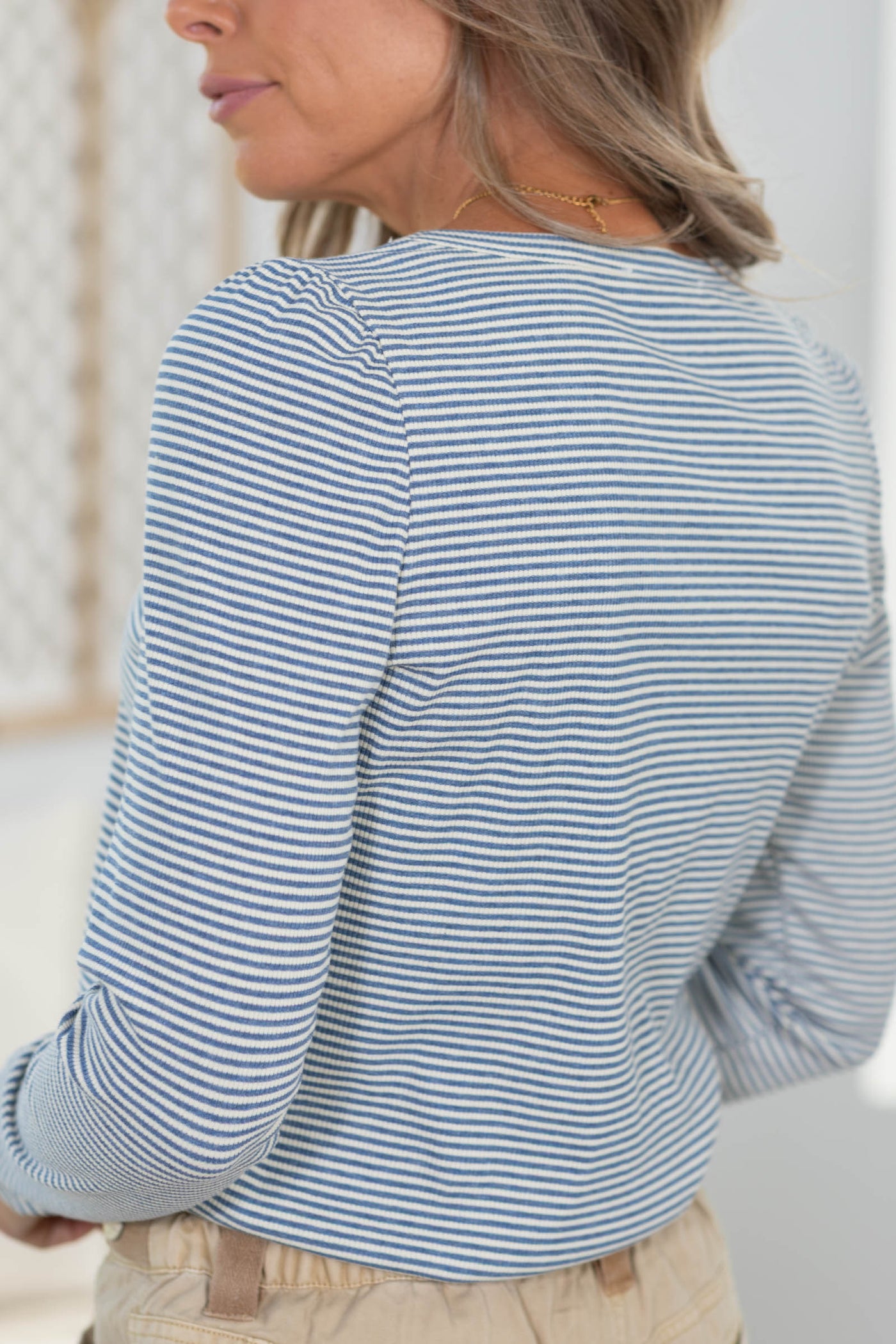 Staccato Scoop Neck Striped Henley Knit Top