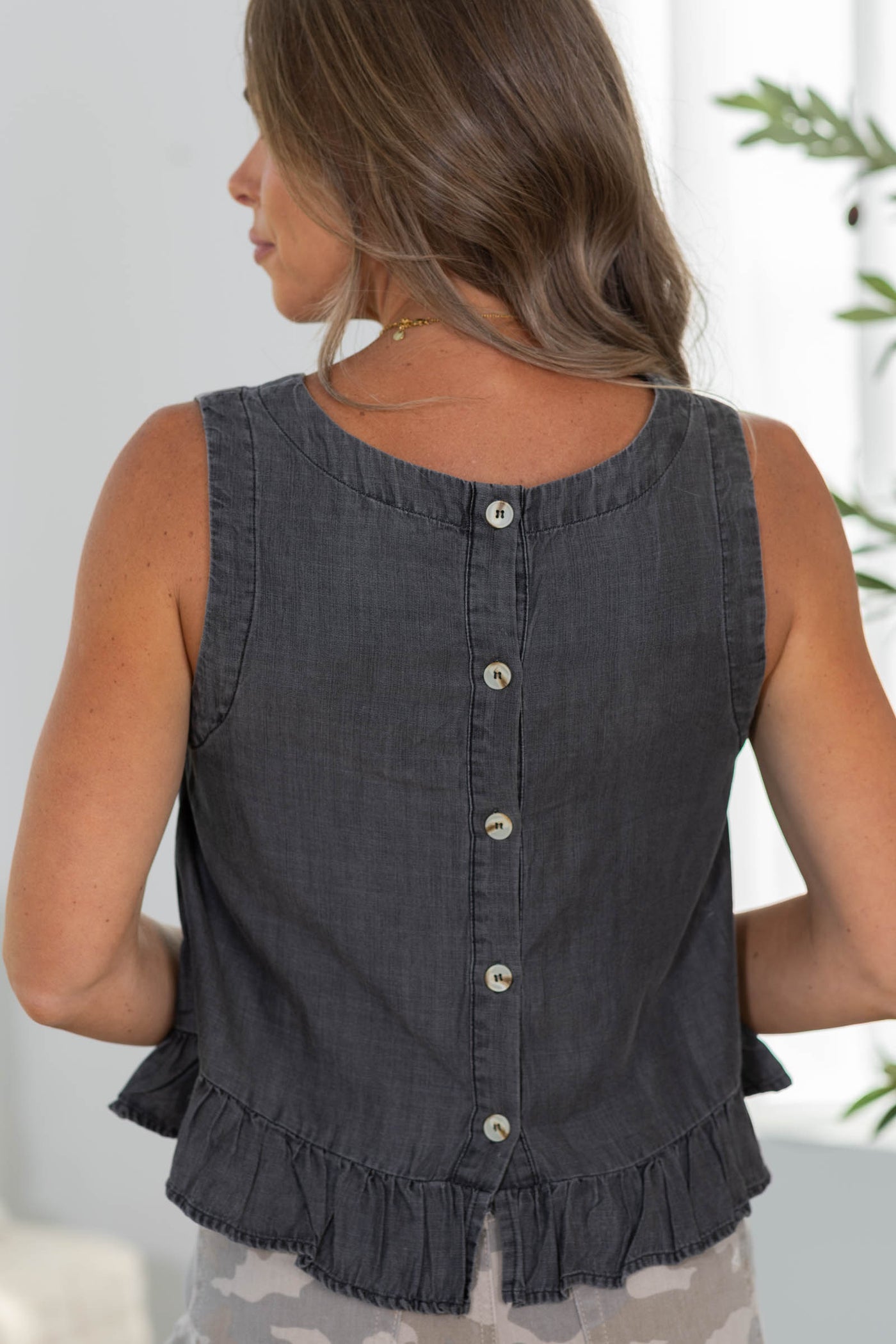Chambray Ruffle Puplum Tank Top
