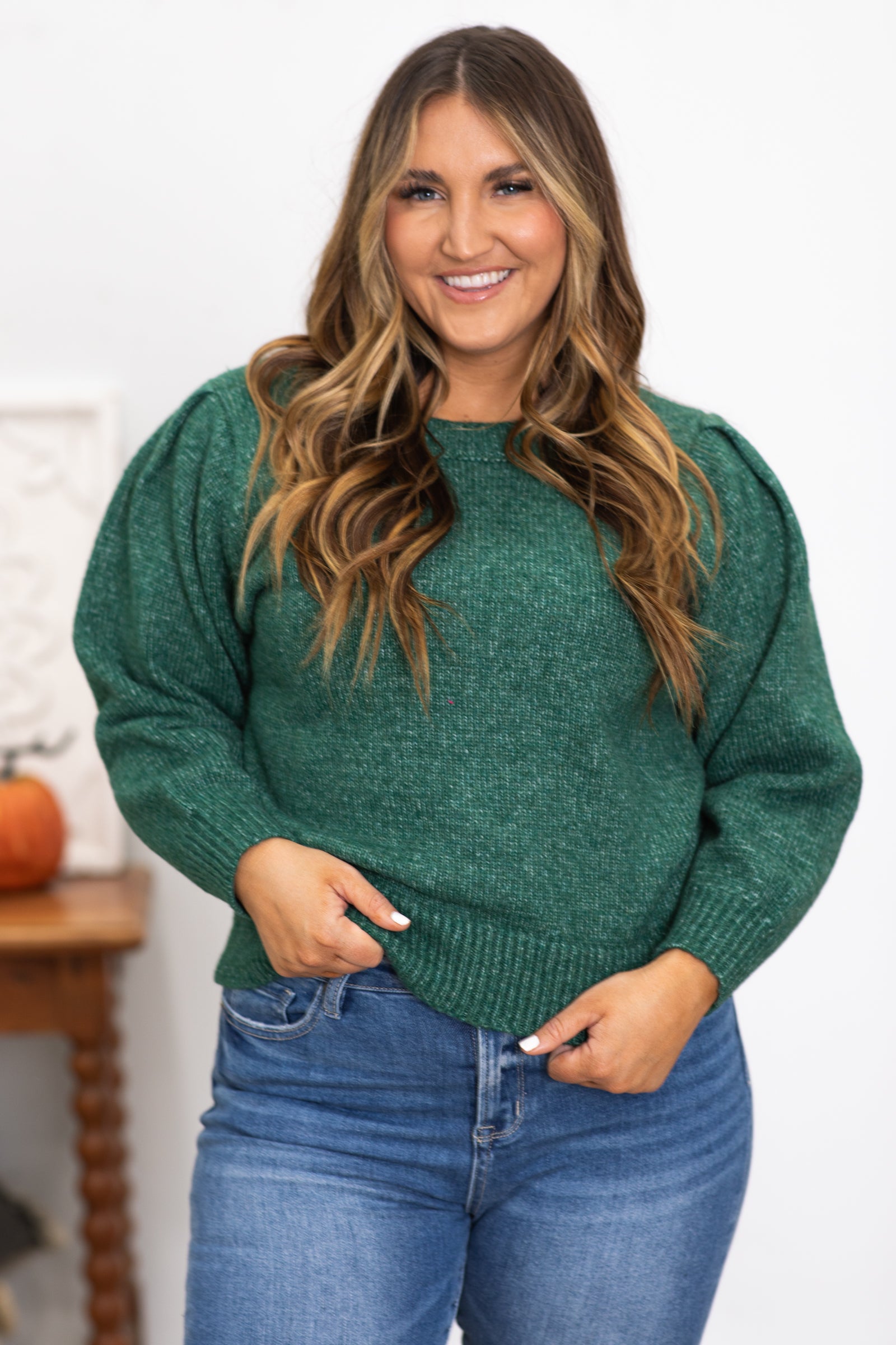 Emerald Melange Puff Sleeve Sweater
