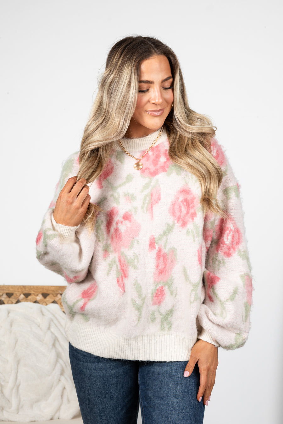 Ivory Soft Cozy Floral Print Sweater