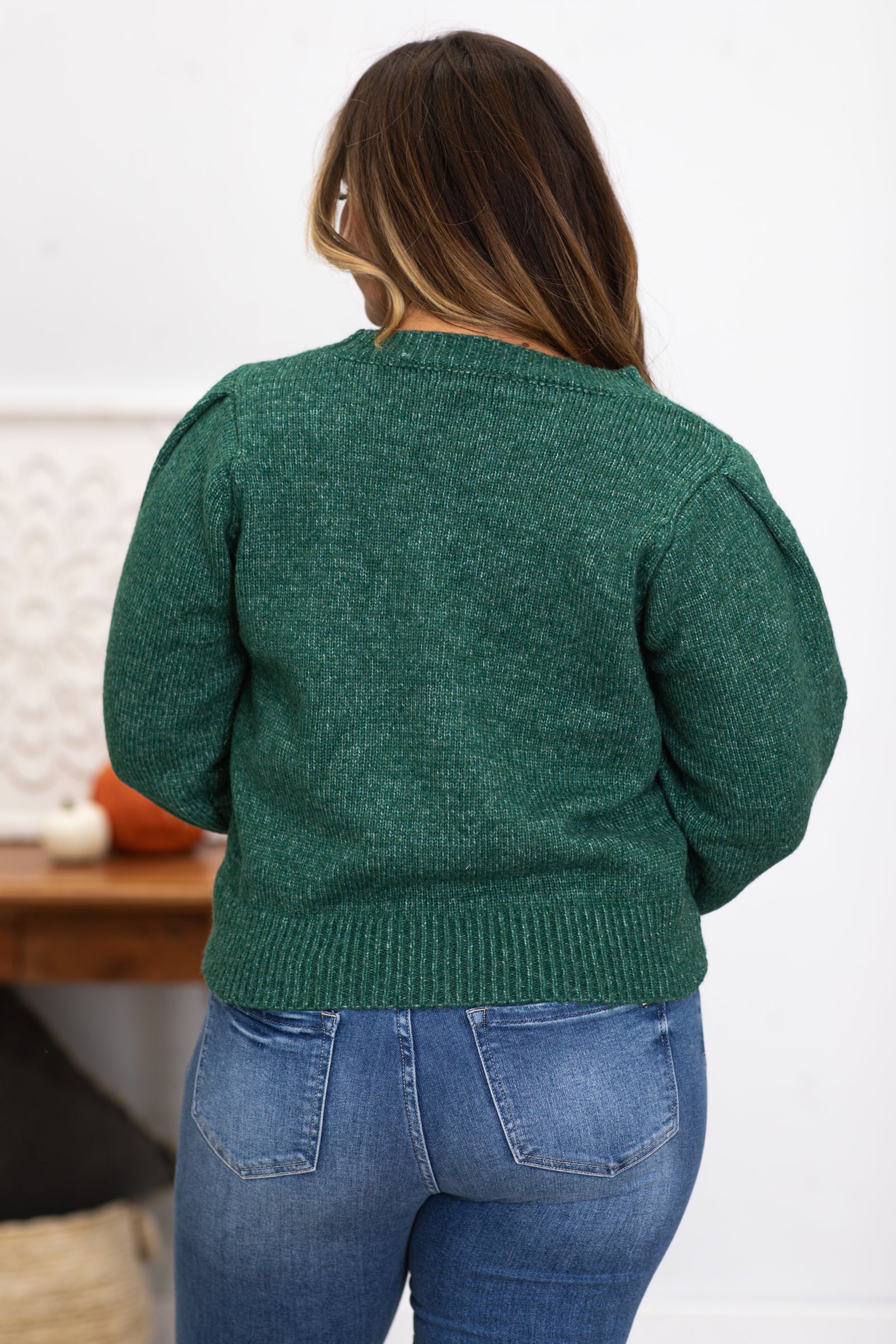 Emerald Melange Puff Sleeve Sweater