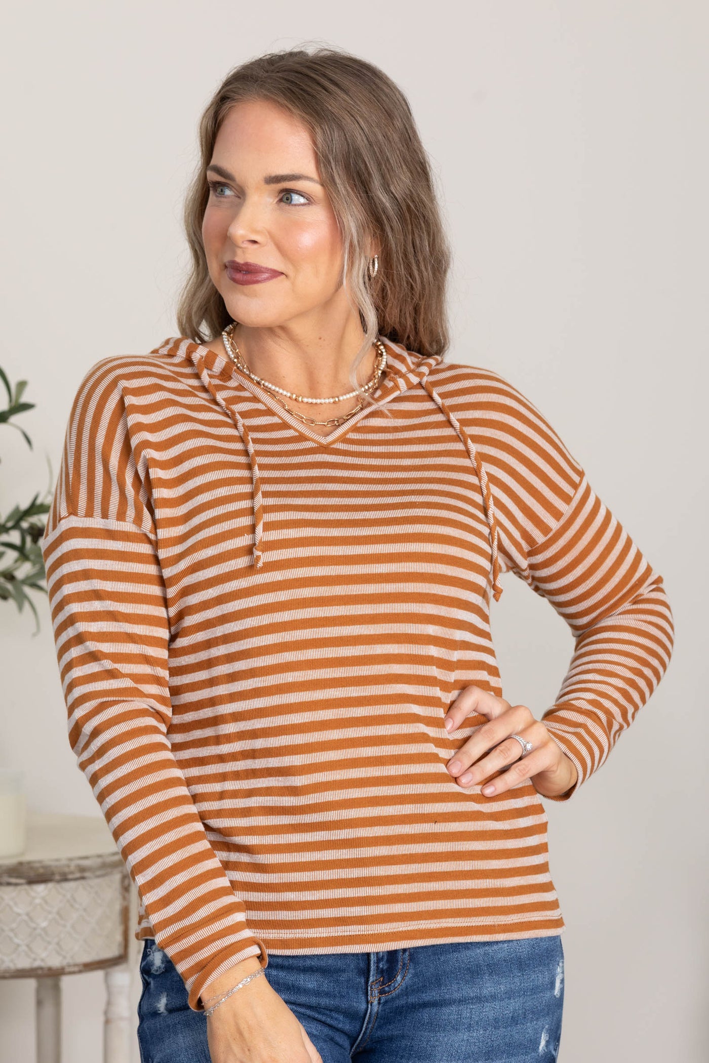 Camel Stripe Drawstring Hoodie Knit Top