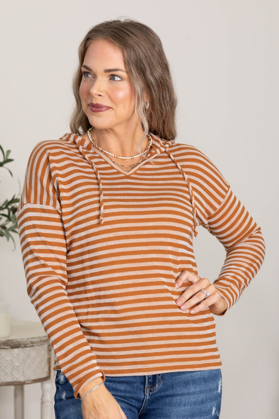 Camel Stripe Drawstring Hoodie Knit Top
