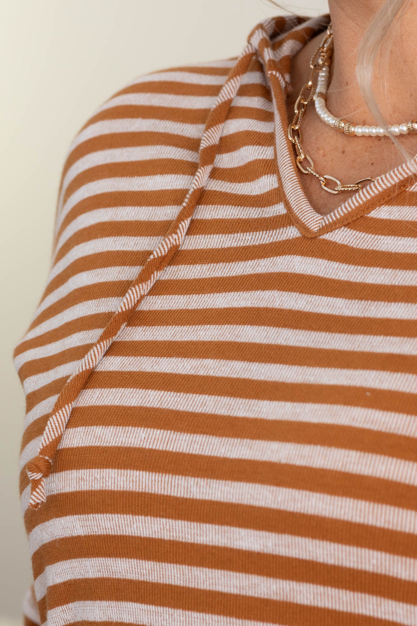 Camel Stripe Drawstring Hoodie Knit Top