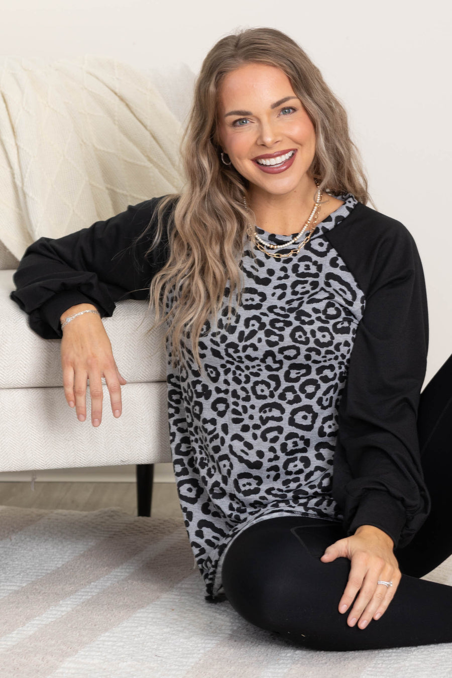 Grey And Black Animal Print Contrast Sleeve Top