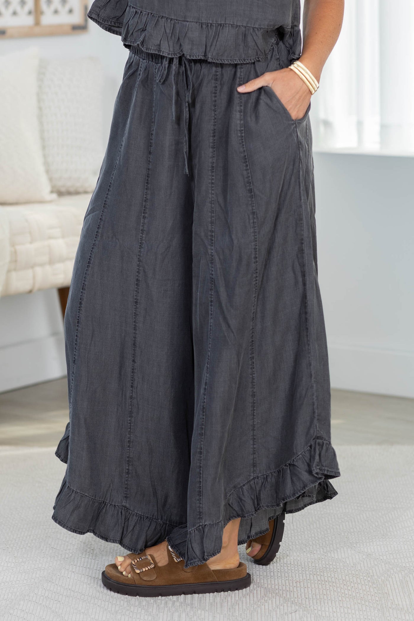 Chambray Ruffle Hem Wide Leg Pants