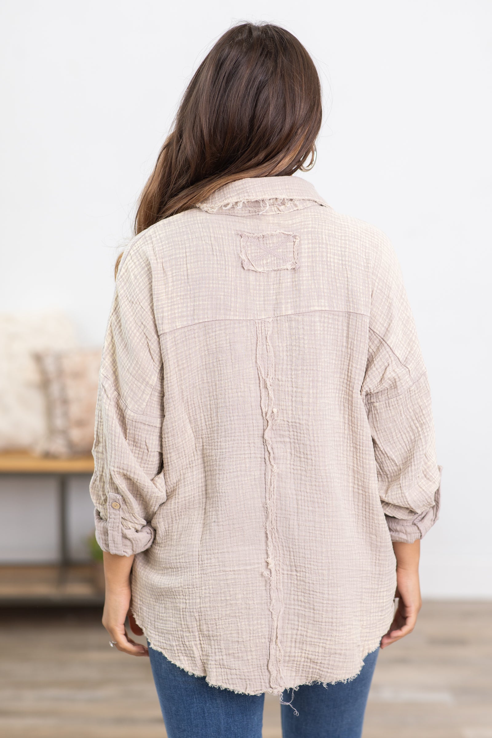 Oatmeal Washed Gauze Fray Hem Button Up Top