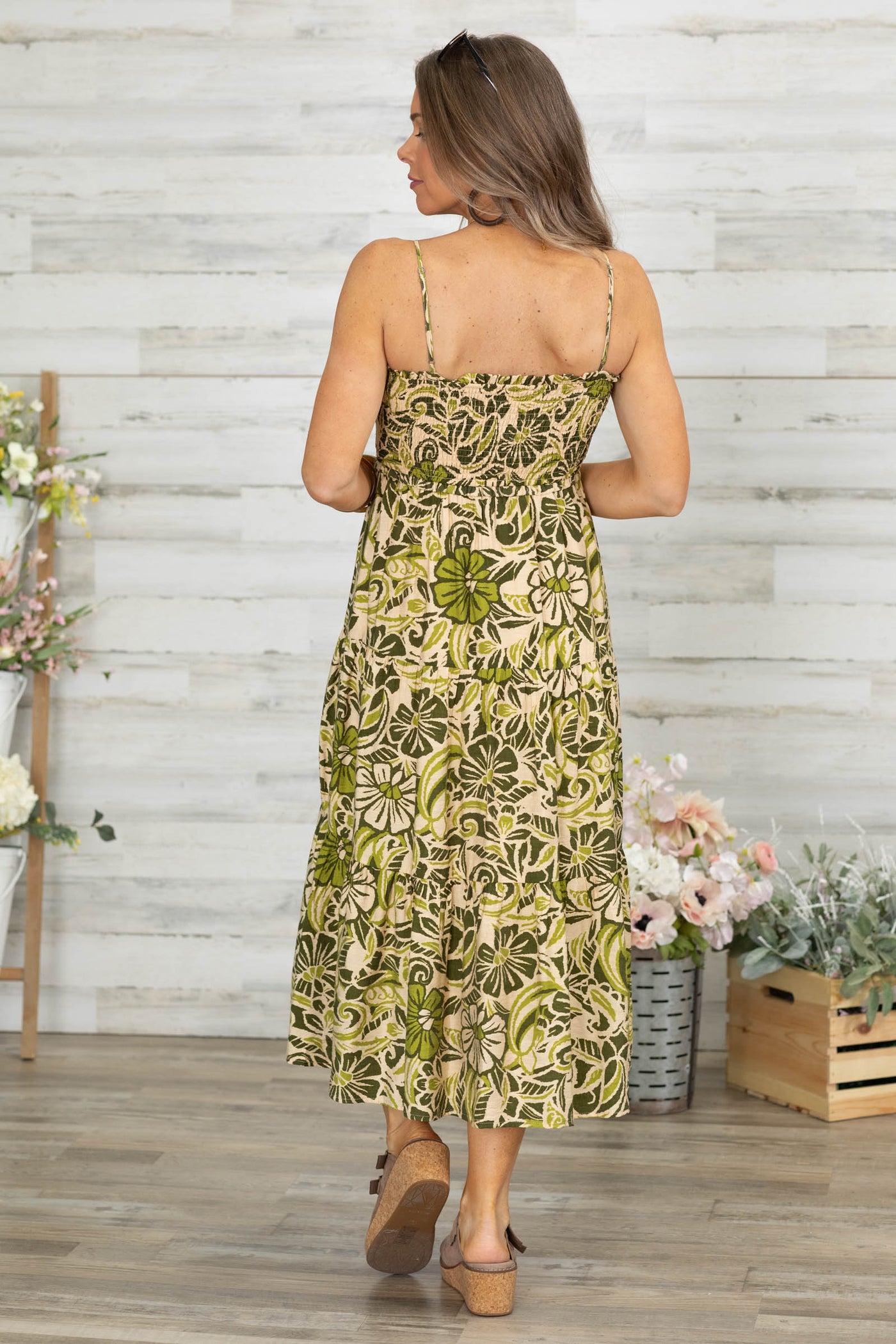 Olive Floral Midi Dress With Smocked Bodice