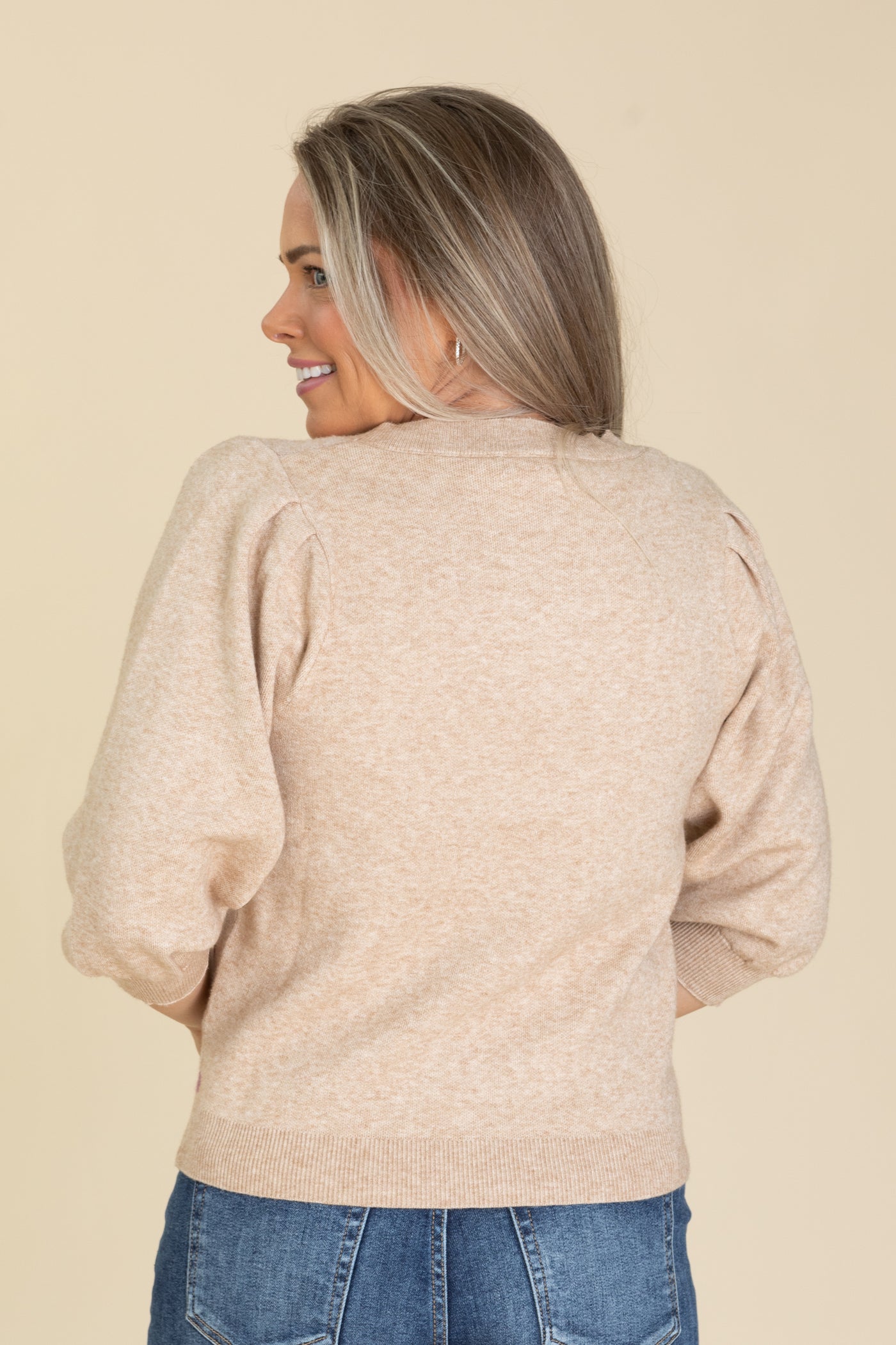 Beige Floral Print Quarter Sleeve Sweater