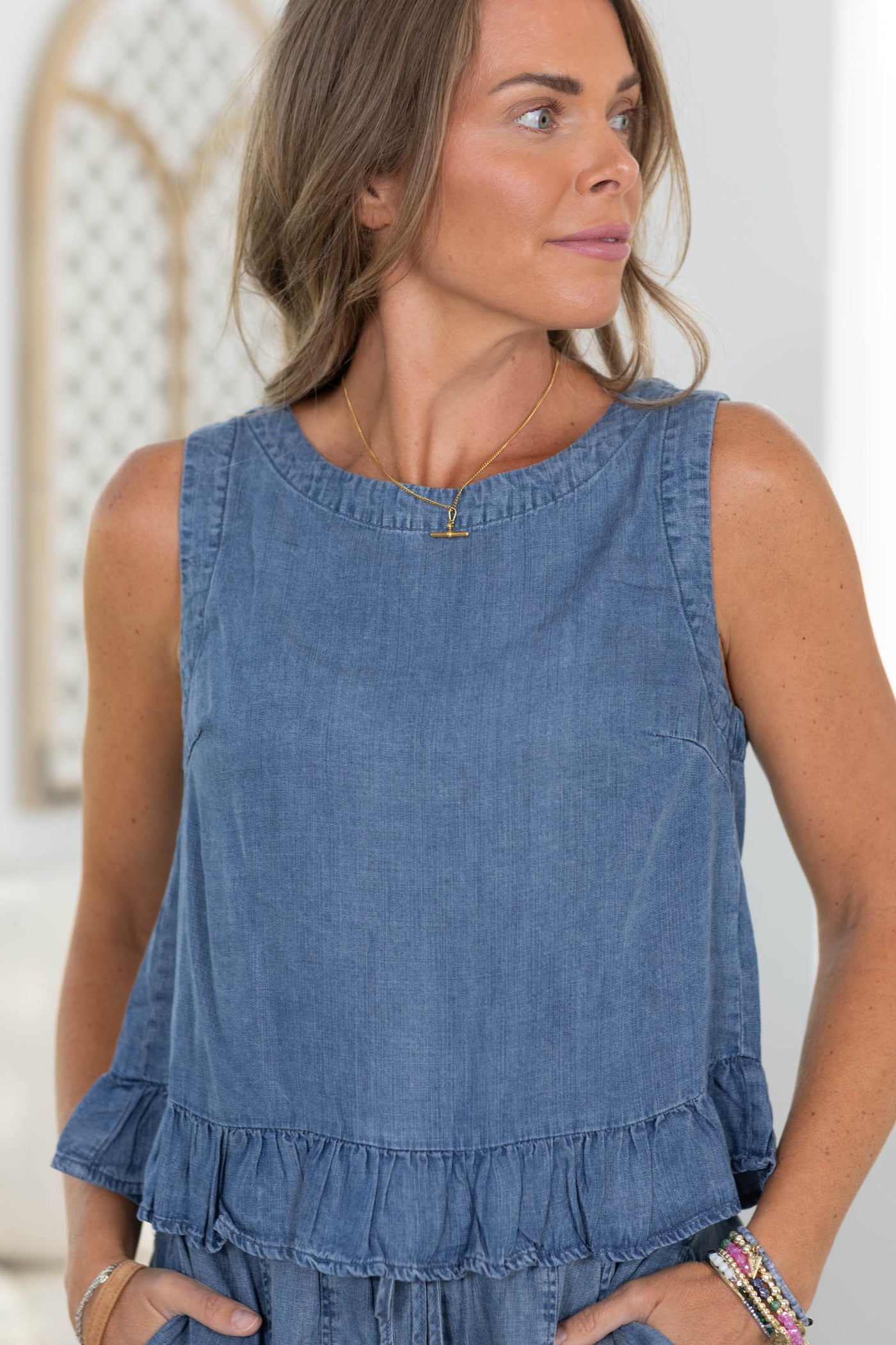 Chambray Ruffle Puplum Tank Top