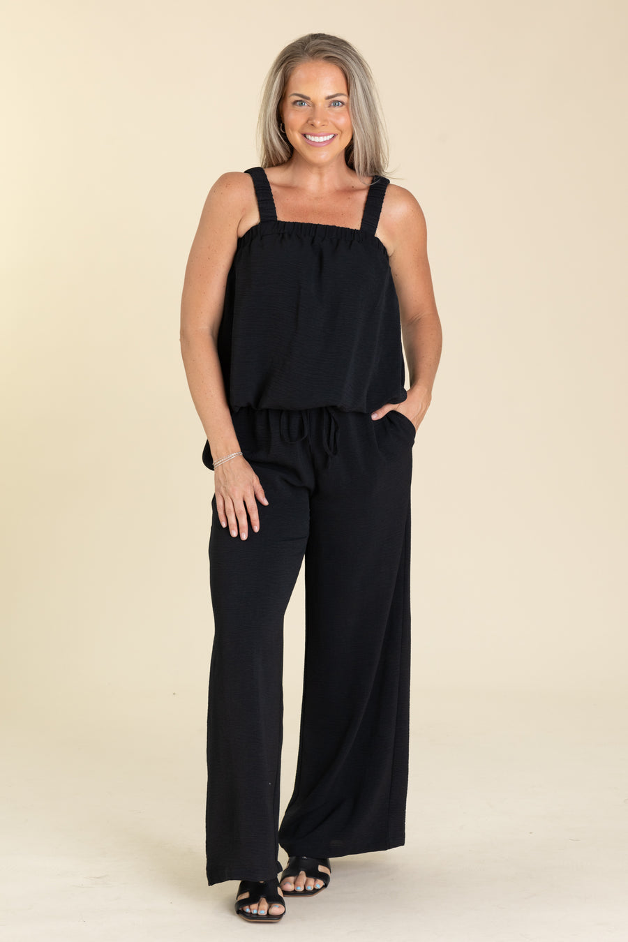 Black Airflow Bubble Hem Top And Pants Set