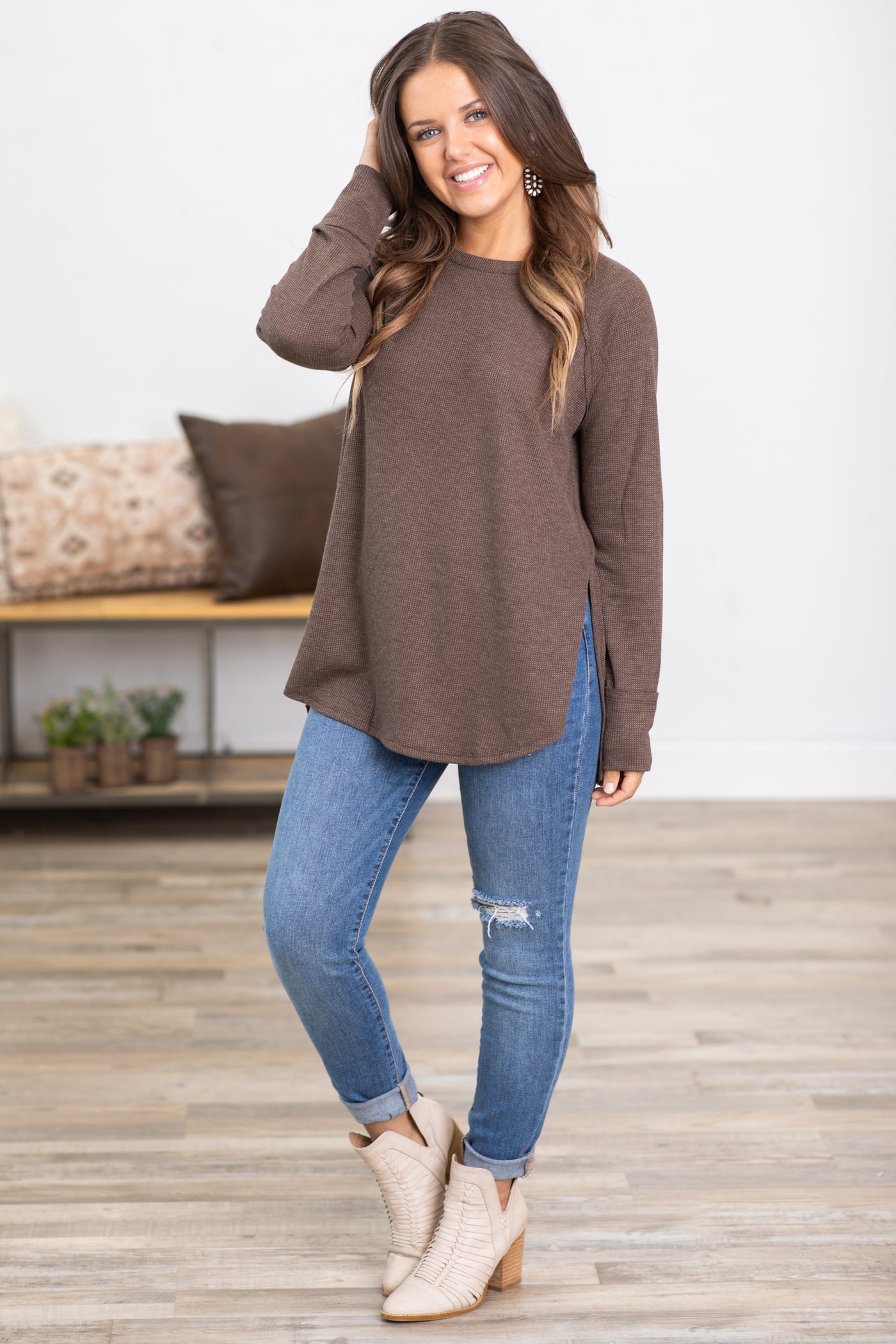 Brown Baby Waffle Knit Top With Side Slit