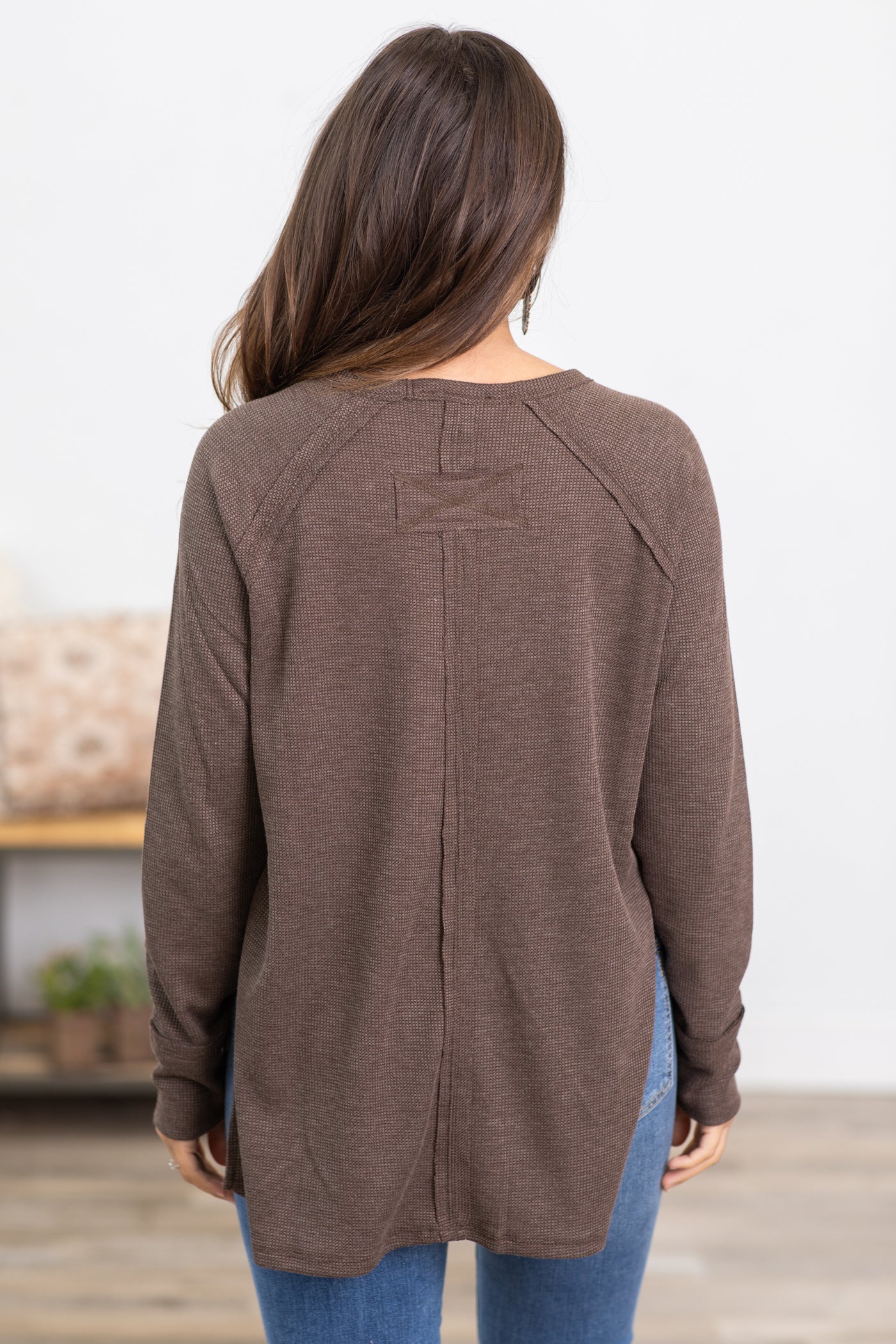 Brown Baby Waffle Knit Top With Side Slit