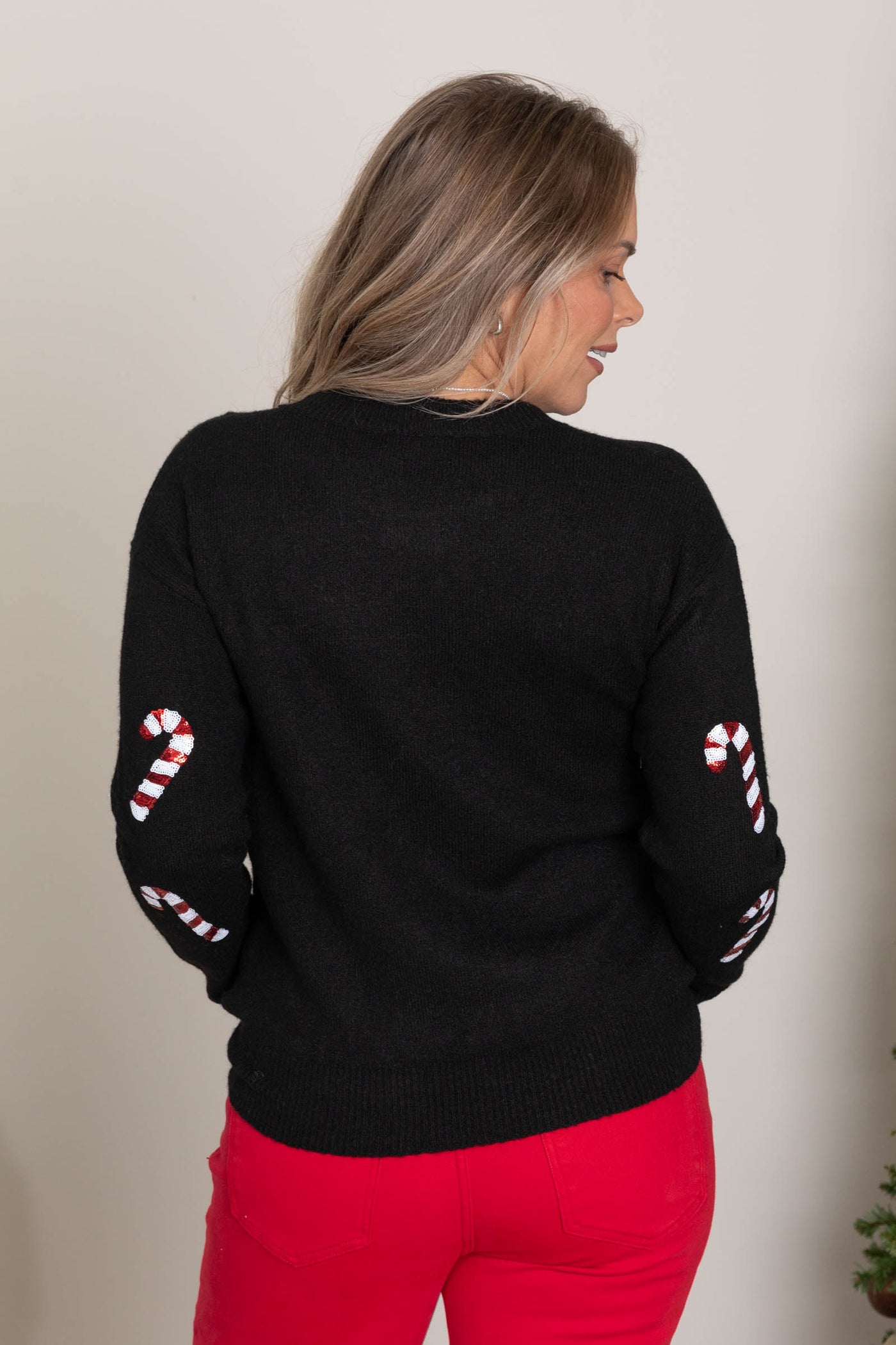 Black Christmas Sequin Candy Cane Sweater