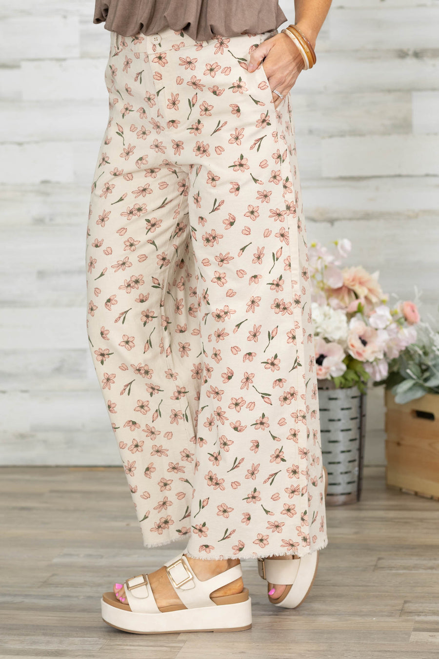 Oatmeal Spring Blossom Trouser Pants