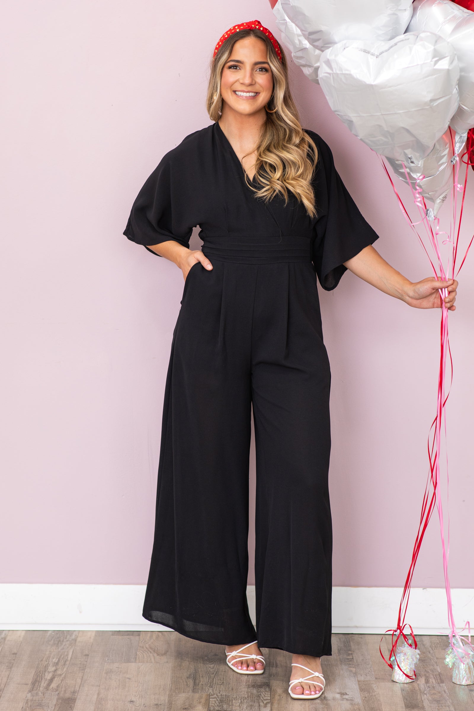 Black 3/4 Sleeve V-Neck Jumpsuit · Filly Flair