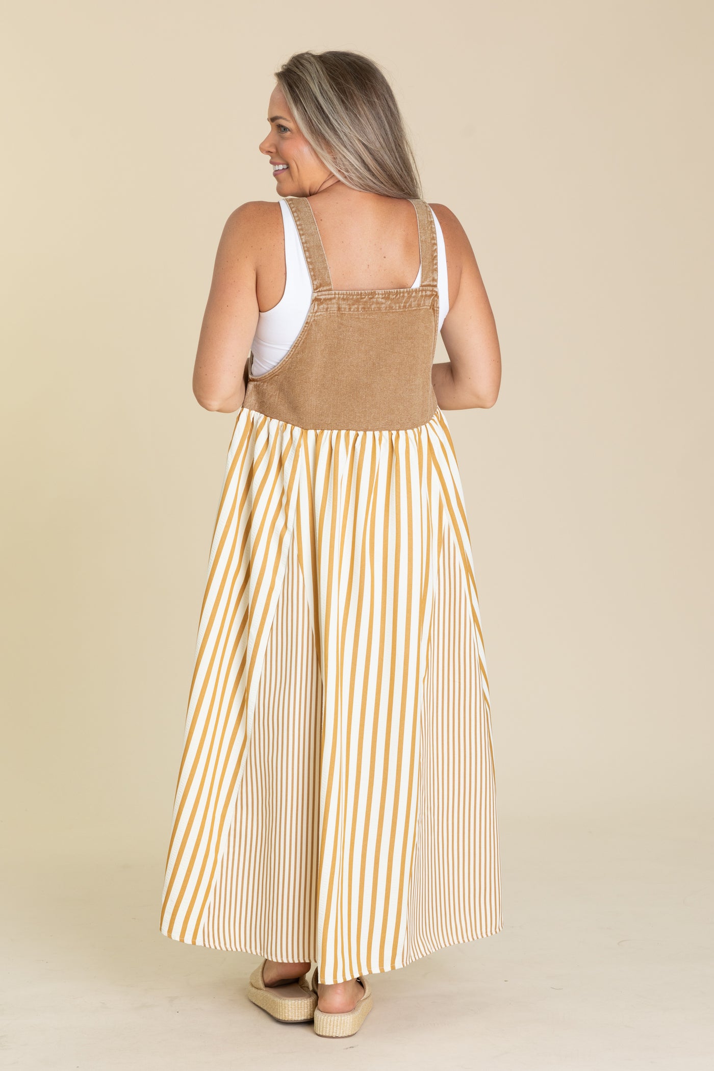beige overall dress Overall Dress with Floral Straps