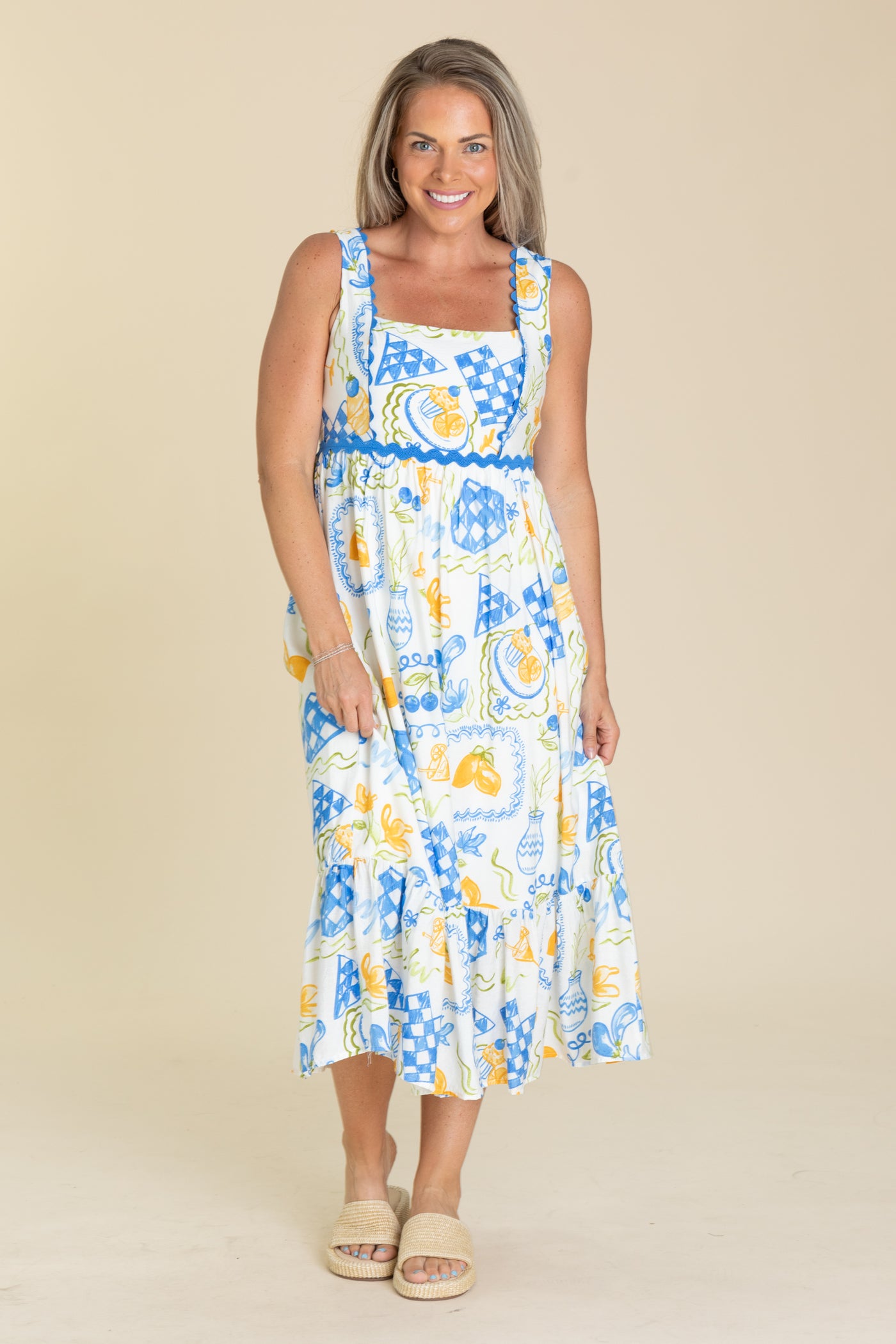 Blue Lemon Print Scallop Trim Midi Dress - S Blue Lemon Print Scallop Trim Midi Dress - S