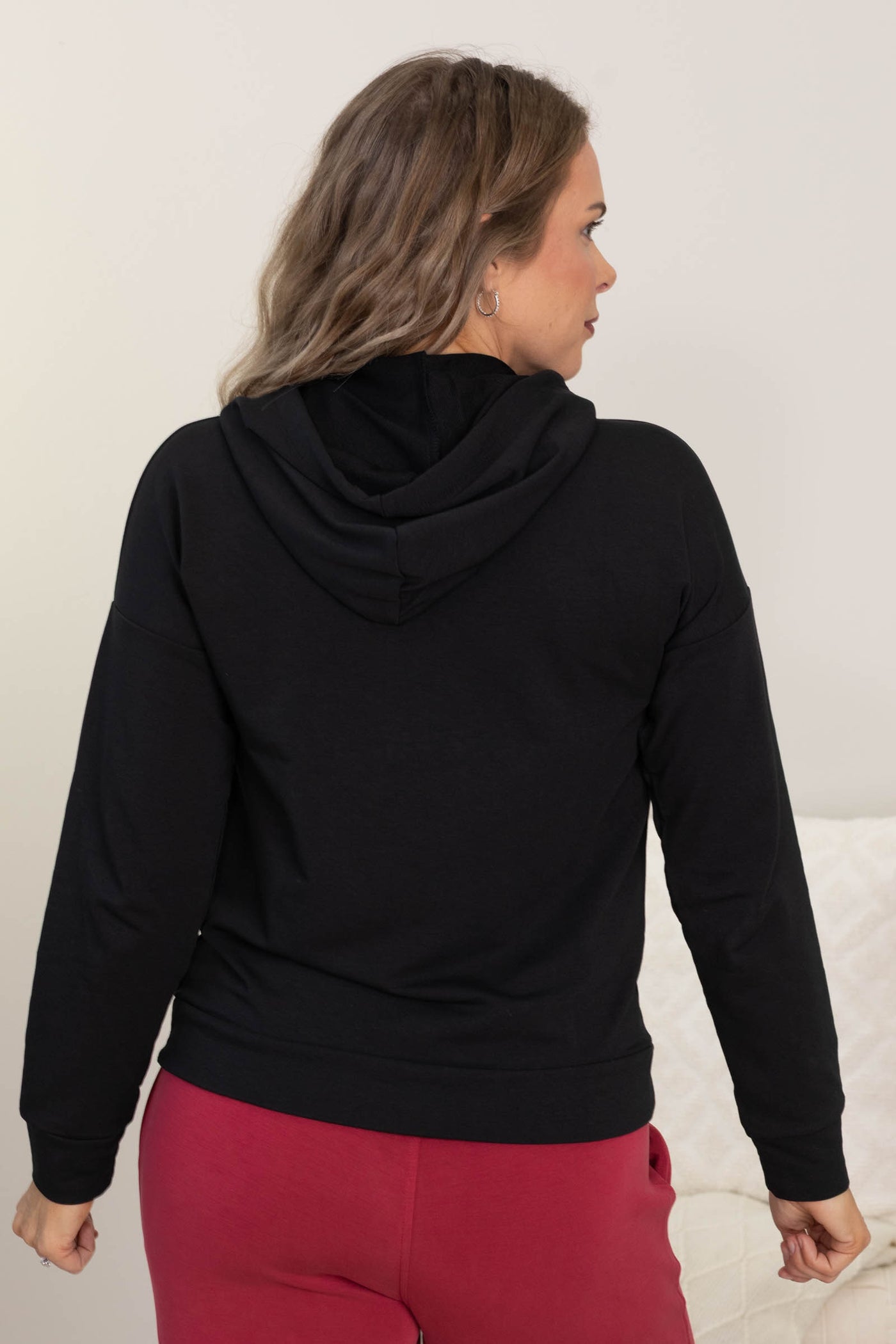 Drawstring Terry Knit Hoodie Tops