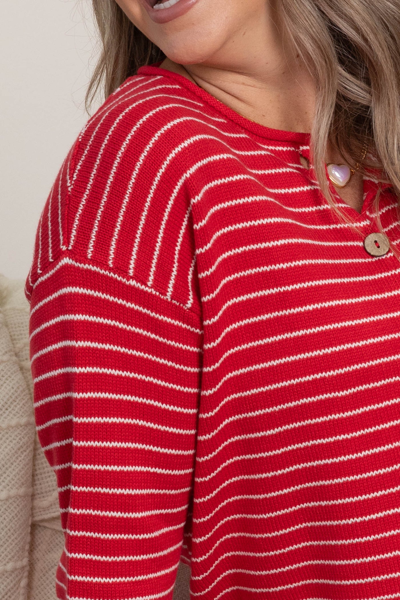 Red Stripe Button Down Raw Edge Cardigan