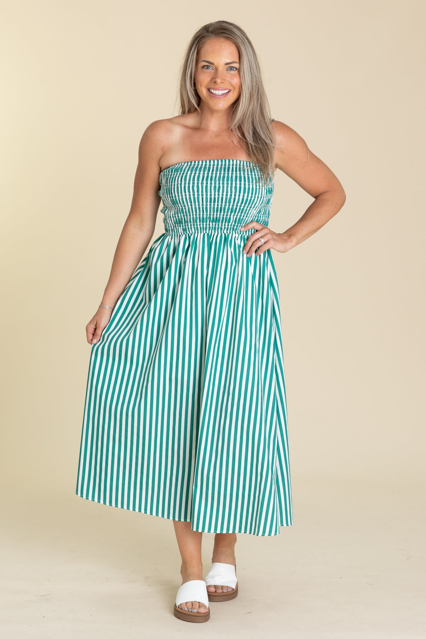 Green Stripe Strapless Smocked Midi Sundress - S Green Stripe Strapless Smocked Midi Sundress - S