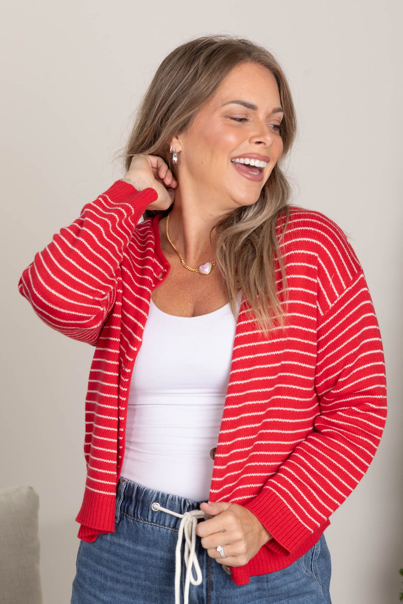 Red Stripe Button Down Raw Edge Cardigan