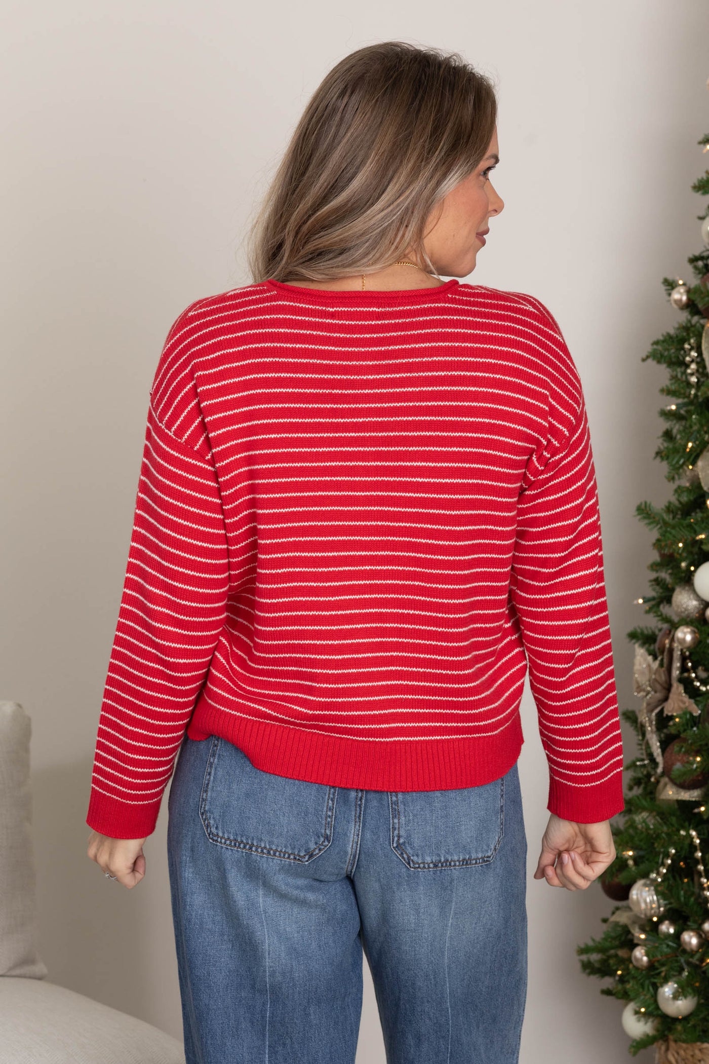 Red Stripe Button Down Raw Edge Cardigan